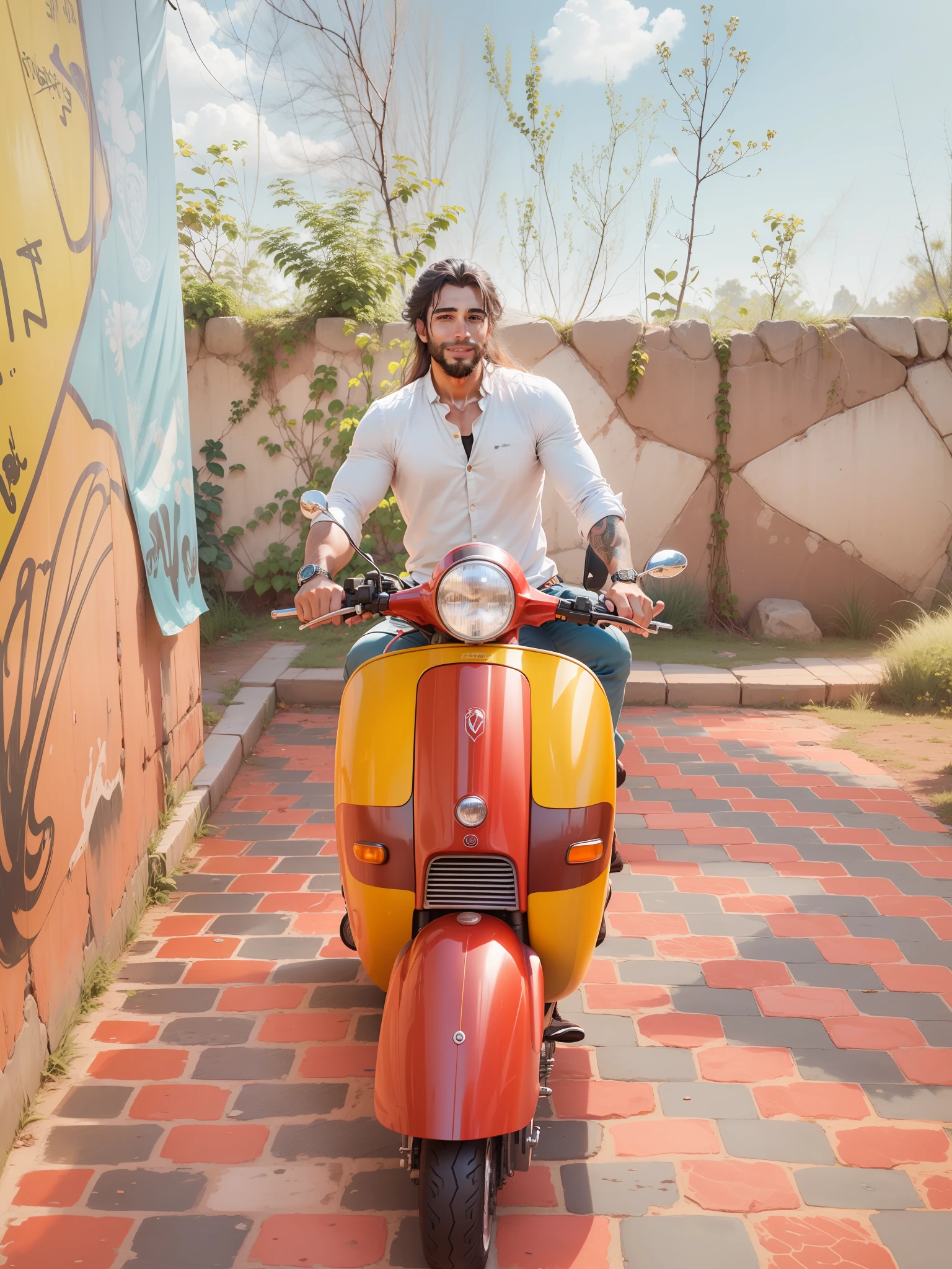 A realistic anime faces and cinematic stylish and handsome looking . He is happy. He is wearing  stylish cloths . The man has a beard and stylish long hair. Scooter change in to a superbike.