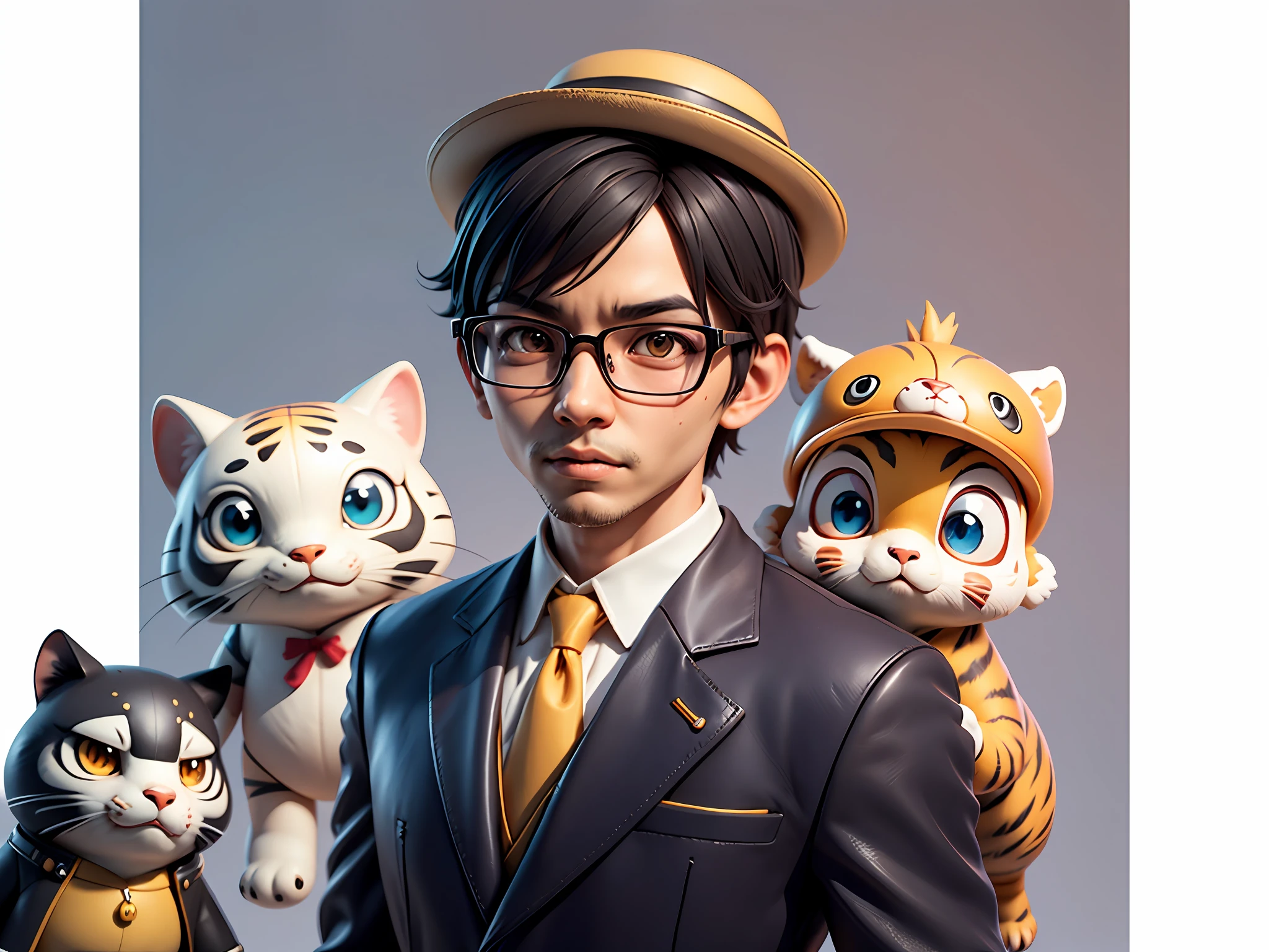 Young man with oriental face in leather hat, tiger, oriental face in formal suit, short black hair, silver glasses, digital painting, 3D character design by Mark Clairedon and Pixar and Hayao Miyazaki and Akira Toriyama, the illustration is a high-definition illustration in 4K resolution with very detailed facial features and cartoon-style visuals.