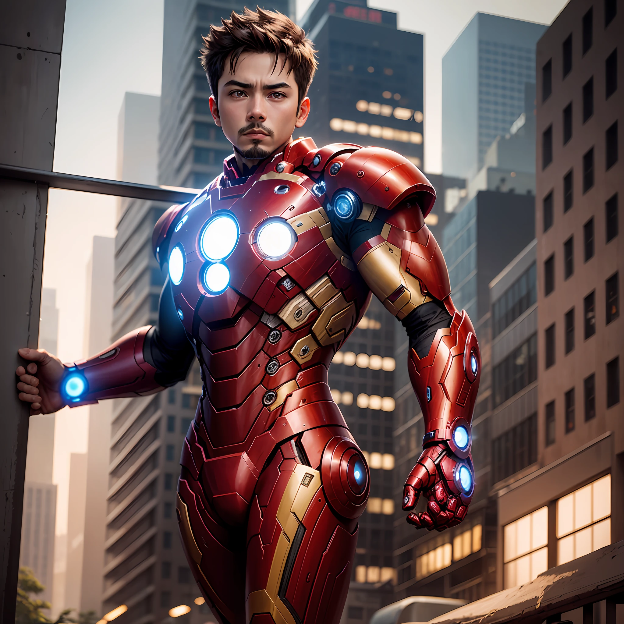 A boy,Wearing an Iron Man suit,The background is a big city。超高分辨率,photorealestic --auto