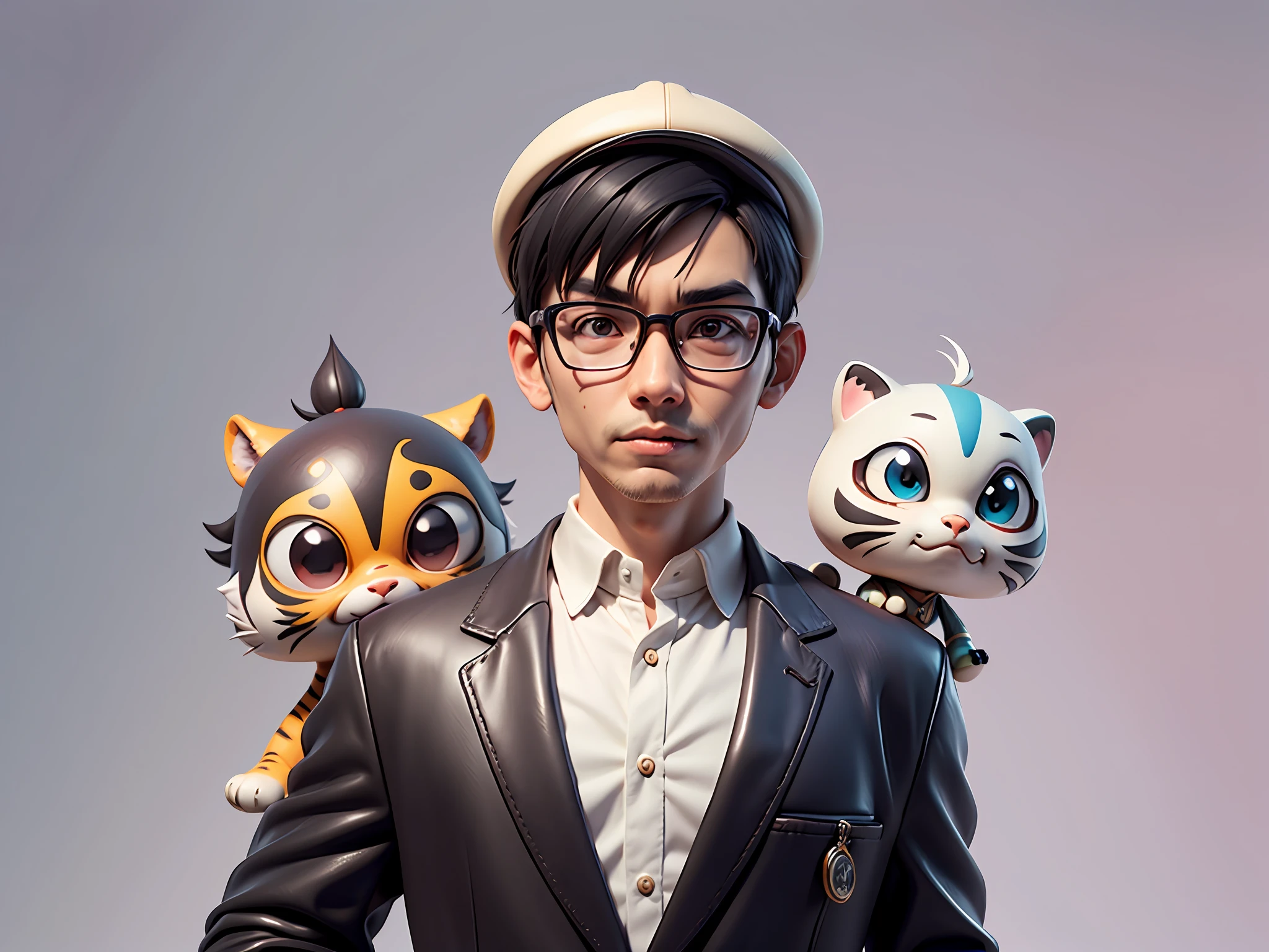 Young man with oriental face in leather hat, tiger, oriental face in formal suit, short black hair, silver glasses, digital painting, 3D character design by Mark Clairedon and Pixar and Hayao Miyazaki and Akira Toriyama, the illustration is a high-definition illustration in 4K resolution with very detailed facial features and cartoon-style visuals.