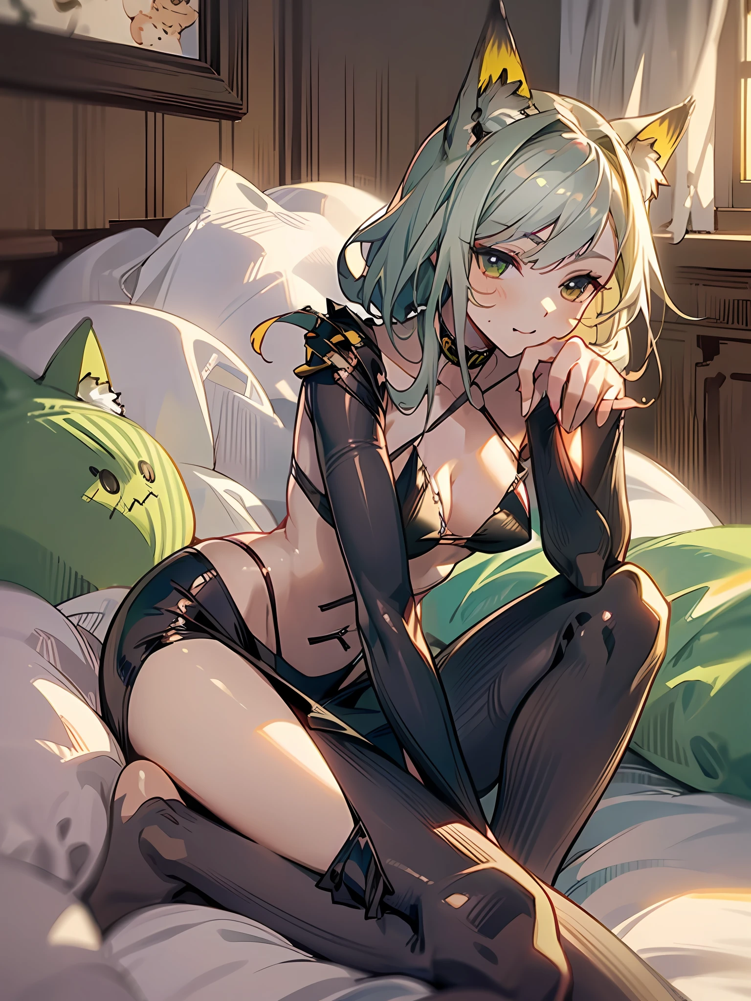 Anime cute catwoman(friendly+Beautiful feet),Cute cat ears with pillows(Young+Playful),Staring straight ahead,Gentle smile,Soft light,Comfy bed atmosphere,Inflatable bed,Can't miss the sweets and pastries(EMB:desserts),Plush cat's paw toys(EMB:plushies), Favorite cute alias...(EMB:alias)。