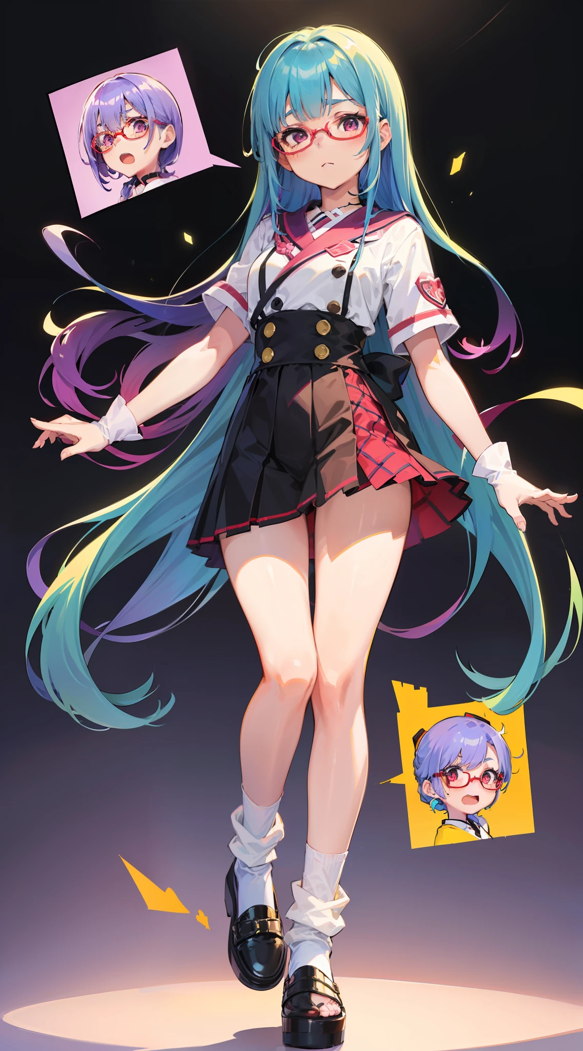 (teens girl,人物,校服,Gradient Long Hair+lightblue hair+Purple hair ends+Red Half-rimmed Glasses+Purple eye:1.2,Idol costume,White knee-length socks, Expressions are confident and static)