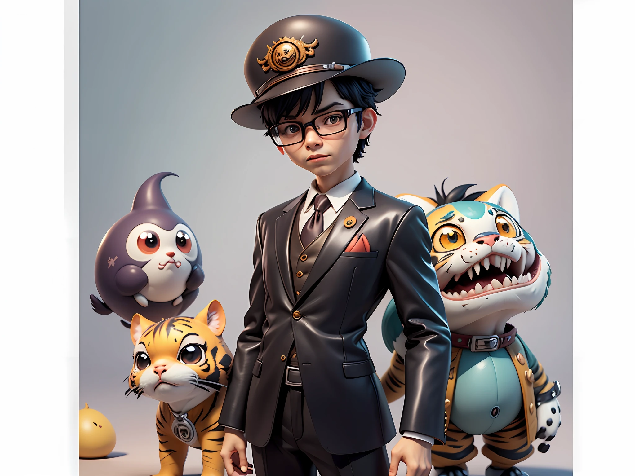 Young man with oriental face in leather hat, tiger, oriental face in formal suit, short black hair, silver glasses, digital painting, 3D character design by Mark Clairedon and Pixar and Hayao Miyazaki and Akira Toriyama, the illustration is a high-definition illustration in 4K resolution with very detailed facial features and cartoon-style visuals.