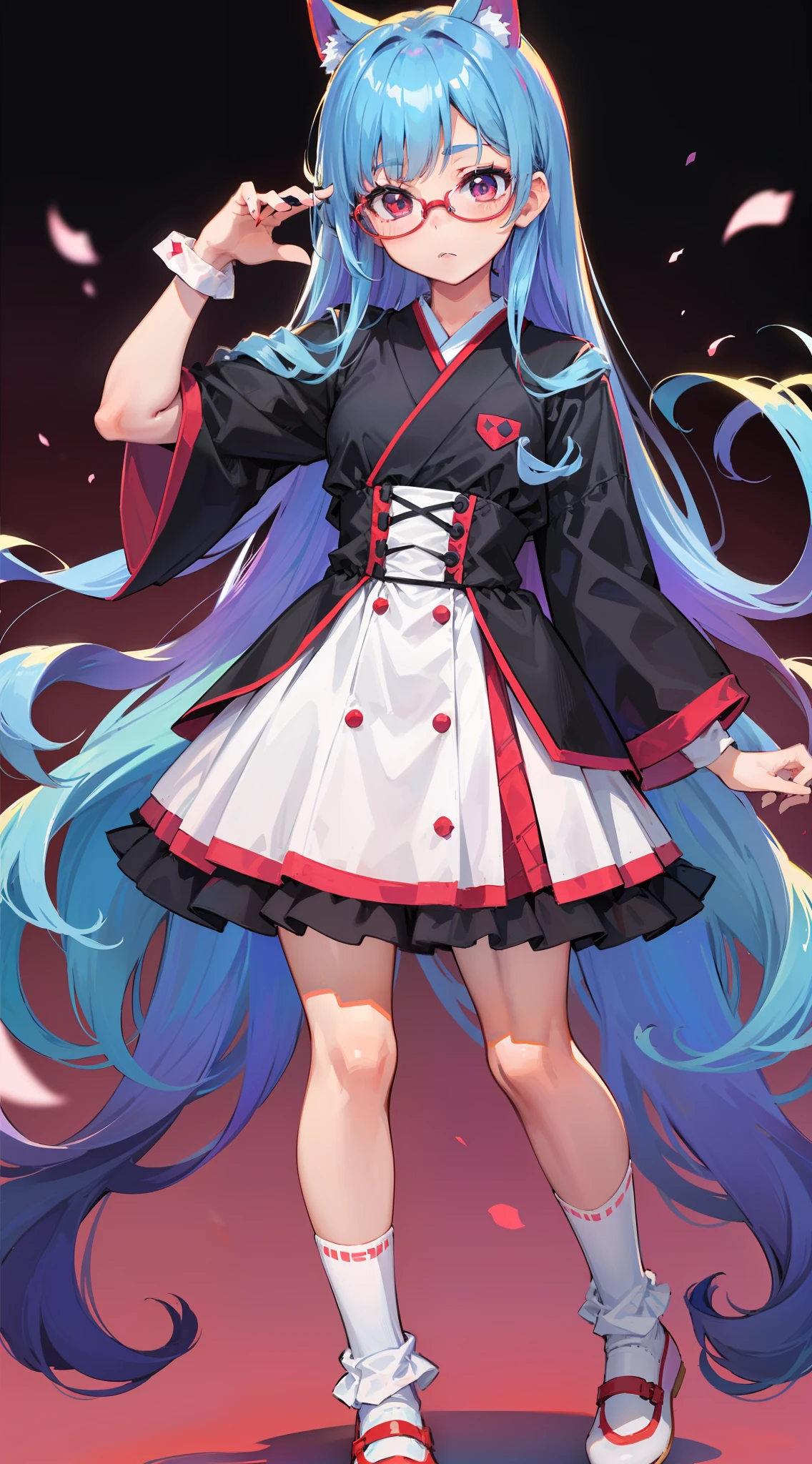 (teens girl,人物,校服,Gradient Long Hair+lightblue hair+Purple hair ends+Red Half-rimmed Glasses+Purple eye:1.2,Idol costume,White knee-length socks, Expressions are confident and static)
