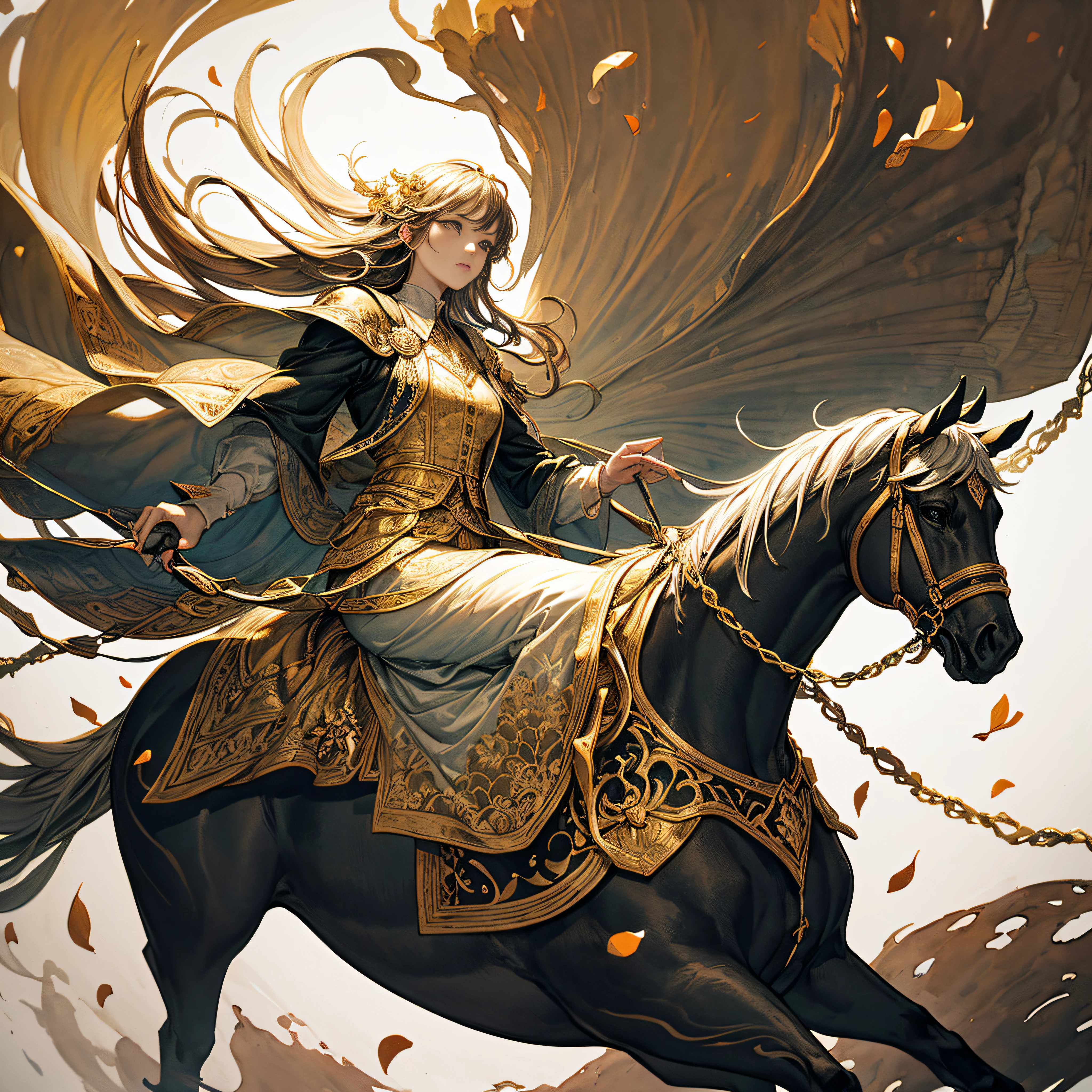 a princess in intricate flowing gilded vests, riding a beautiful horse, over a vast field of wild flowers, petals in the air, (ink painting style, clean color, ink style, blending, decisive cutting, white space:1.3), freehand, sublime shapes, highly detailed, epic composition, highest quality, antique