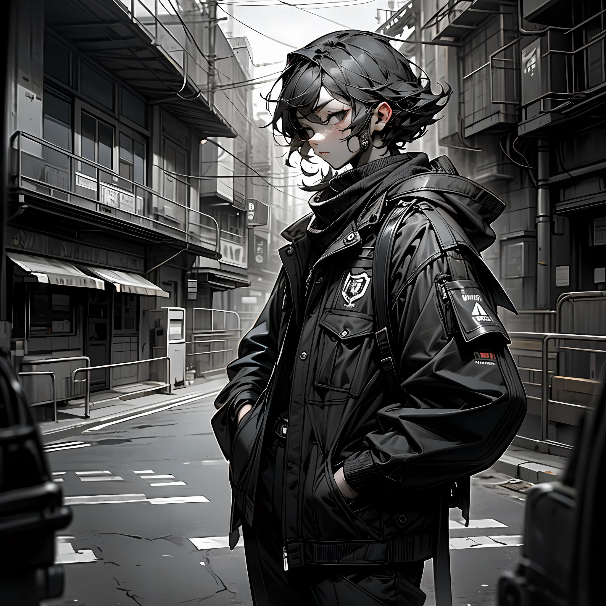 Masterpiece, Best Quality, 1man, Uniform, Hand Pocket, School Bag, Brunetette, Black Eye, Cyberpunk, Street, Monochrome, Line Drawing --auto