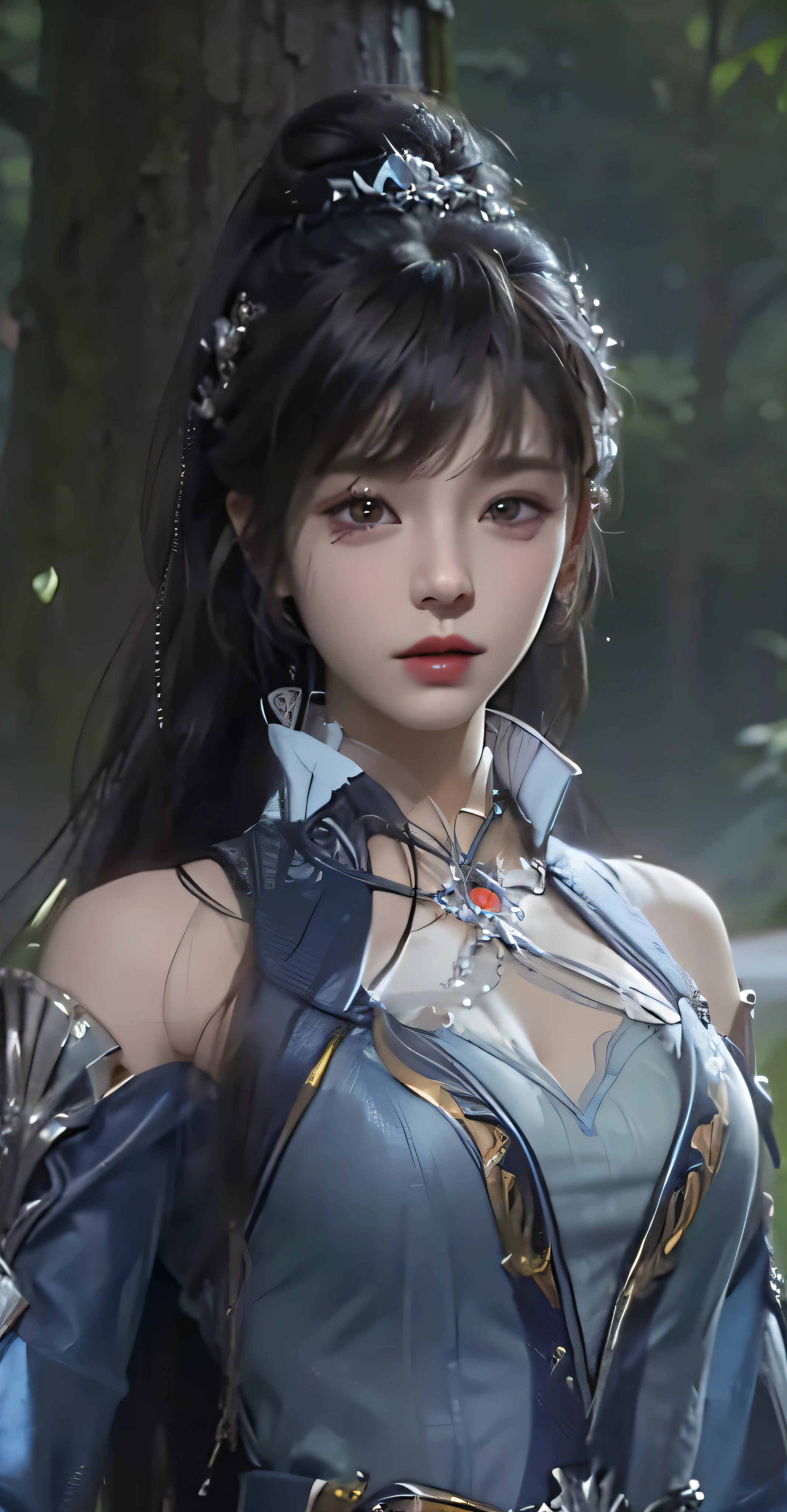 a close up of a woman with a blue dress and a blue jacket, Game CG, Smooth anime CG art, inspired by Li Mei-shu, close up character, 3 d anime realistic, 4 K detail fantasy, photorealistic anime girl rendering, Yun Ling, 8 k uhd character details, anime cgi, Art germ ; 3d unreal engine