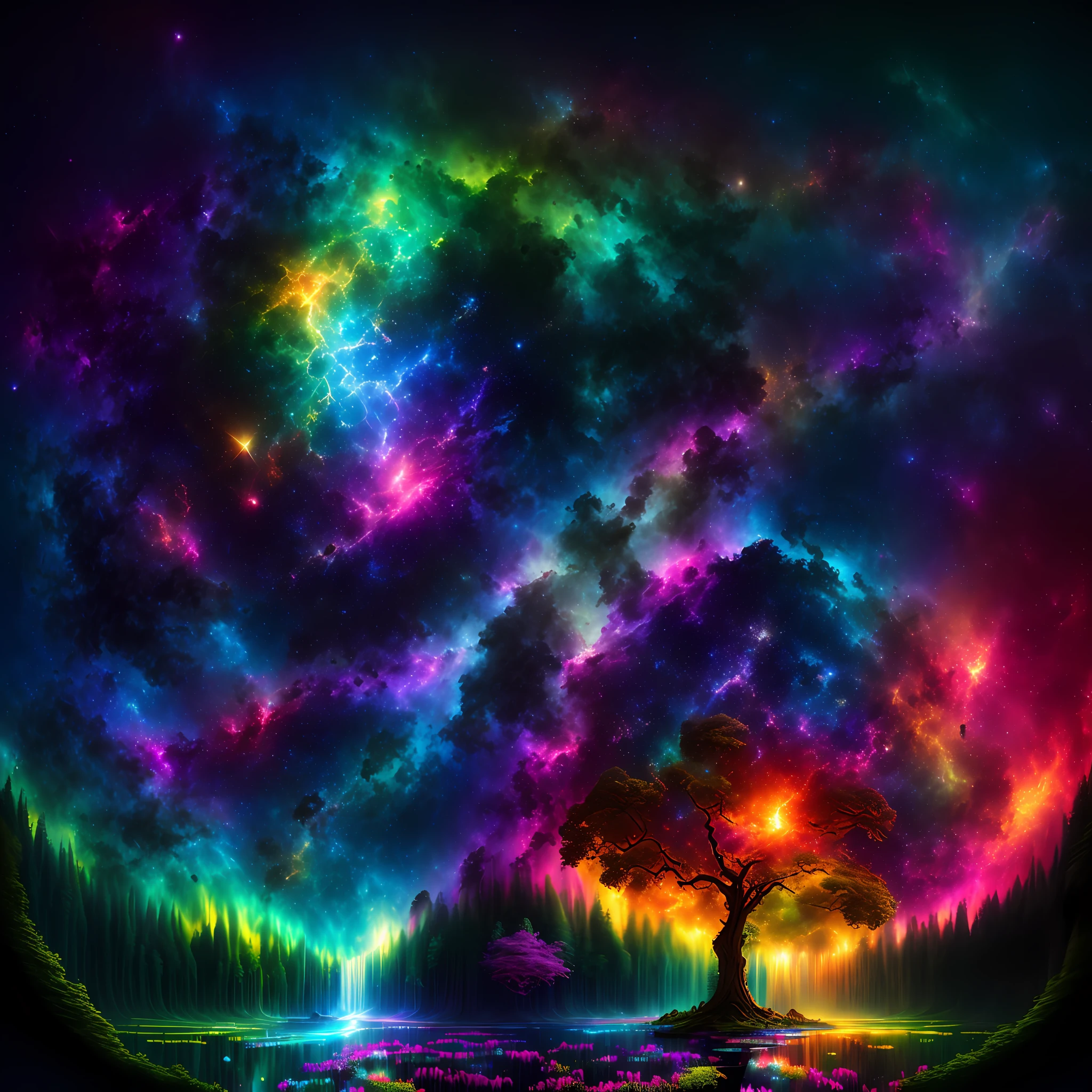 masterpiece
The Birth of Creation, lush trees reflecting energetic and colorful streams of light in the magnificent galactic sky, professional color grading, soft shadows, no contrast, clean and sharp focus, cinema film photography, surreal:: Nebula:: 1 Wide Angle Lens:: 1 Defocus::
High Resolution, High Resolution, 16K