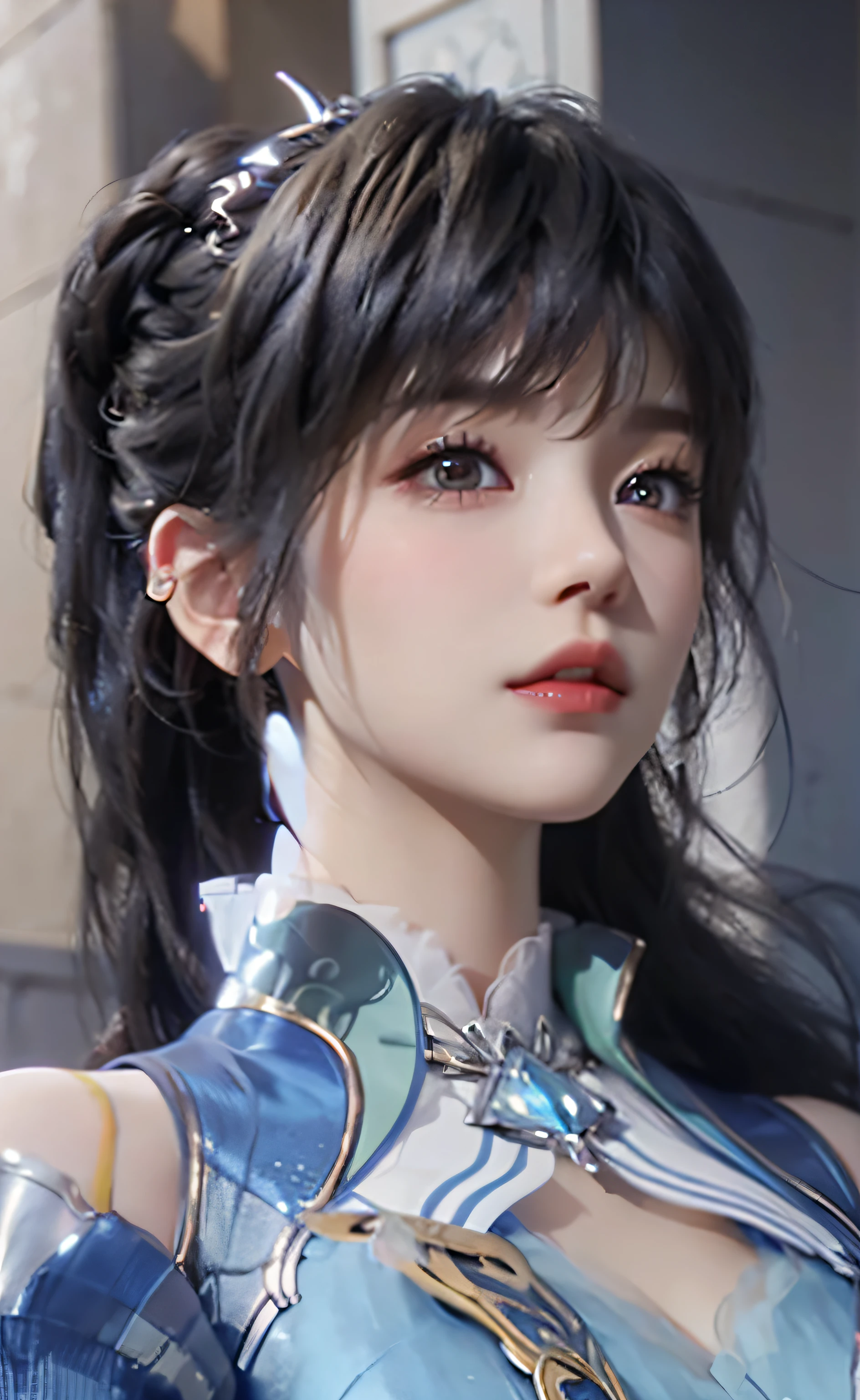 a close up of a woman with a blue dress and a blue jacket, Game CG, Smooth anime CG art, inspired by Li Mei-shu, close up character, 3 d anime realistic, 4 K detail fantasy, photorealistic anime girl rendering, Yun Ling, 8 k uhd character details, anime cgi, Art germ ; 3d unreal engine