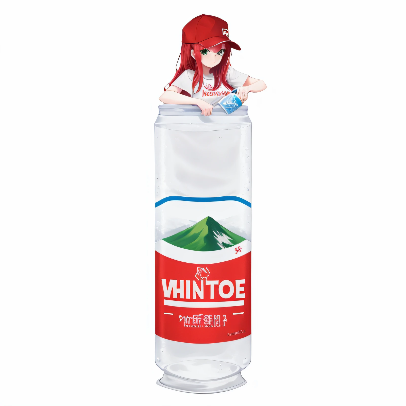 1 girl，Tall and tall，with a good figure，prette，largeeyes，red tinted hair，long whitr hair，red colour|White baseball cap，Red skirt，whitet-shirt，The T-shirt has a green mountain motif on it，Mineral water in hand，Nongfu Spring，exteriors