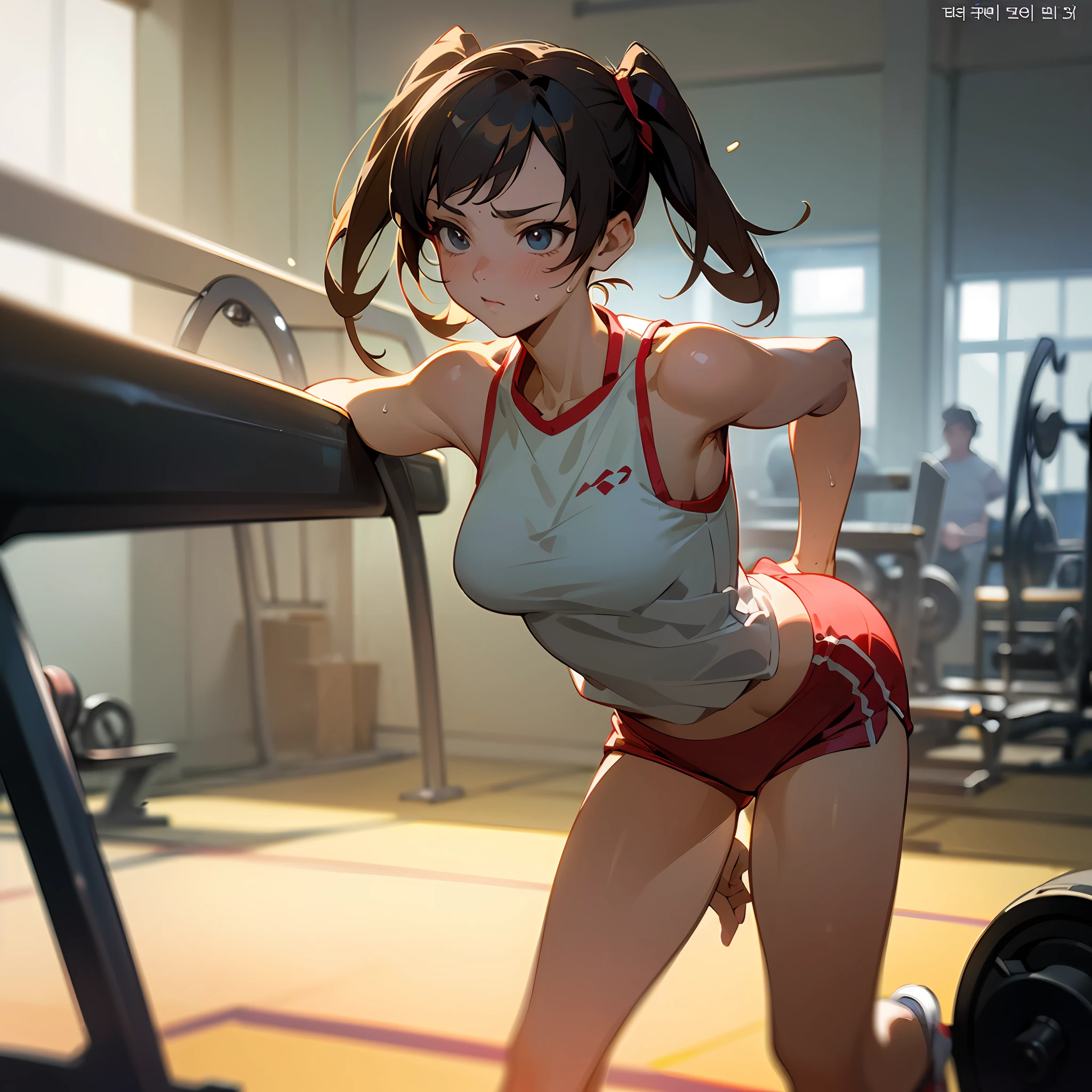 good hand, 4k, 1girl, ) a RAW portrait of a girl working out in the gym), perspiring, sweating, high resolution, masterpiece, best quality, head: 1.3, (Korean K-pop idol), chunli, twin tails, extremely cute and finely detailed skin, sharp focus, (cinematic lighting), collarbone, soft lighting, dynamic angle, [:(detailed face: 1.2): 0.2], thigh space, slim body, ((medium breasts)), full body, ((gym attire)), (gym shorts), tank top, gym background, gym equipment, (anime, official_art: 1.1), (anime screenshot: 1.1), (1girl, solo focus: 1.2), (fisheye: 0.9), ray tracing: 0.5, depth of field: 1.0, bokeh: 0.6, god rays: 1.0, vivid colors: 0.8, Cinematic hard lighting: 0.7, Realistic shadows: 1.2, --auto