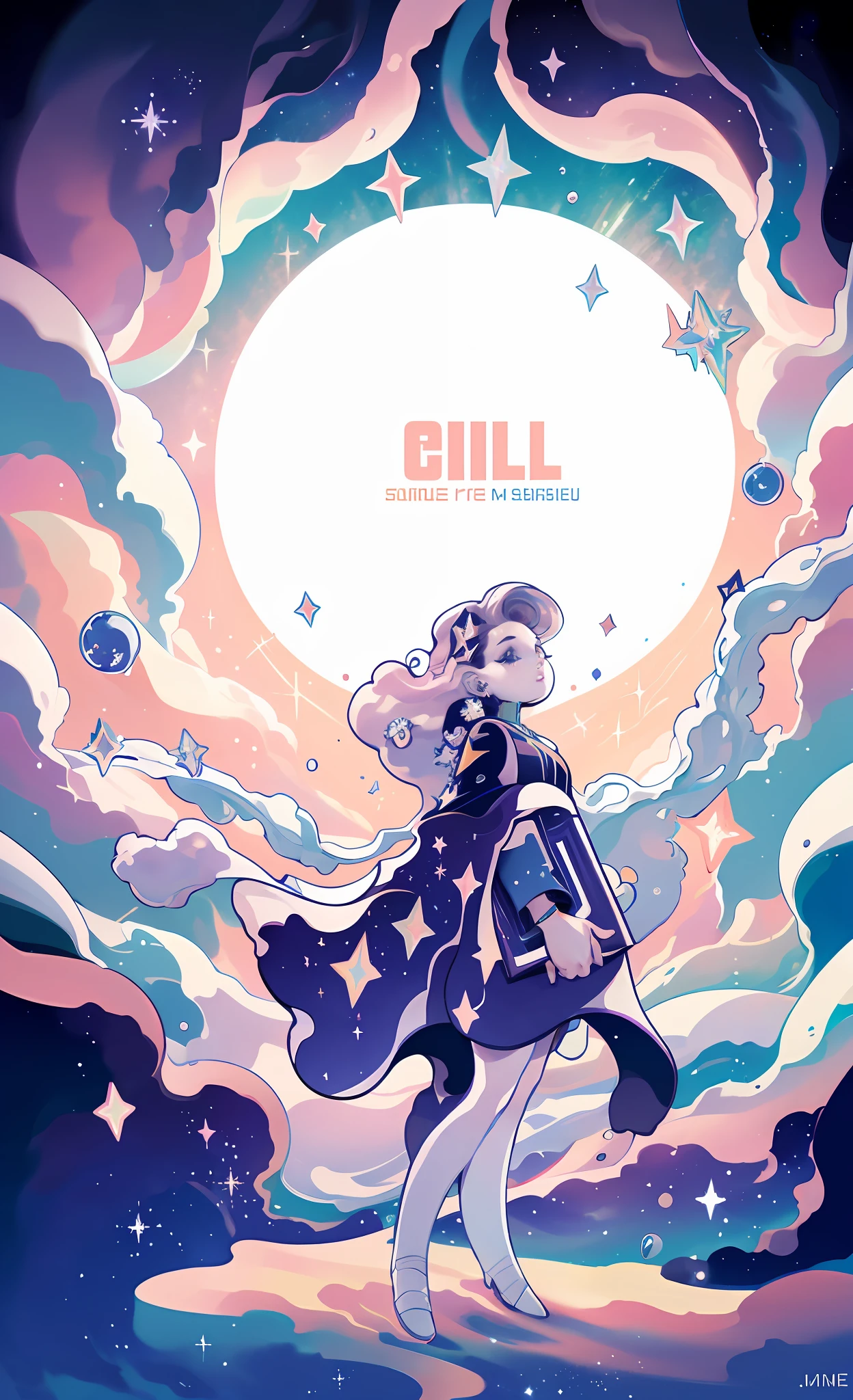 masterpiece, best quality, 1girl, space thriller movie poster, Bauhaus, shapes, lines, abstract, stars, sparkle, shiny, iridescent, (Bold title:1.6)