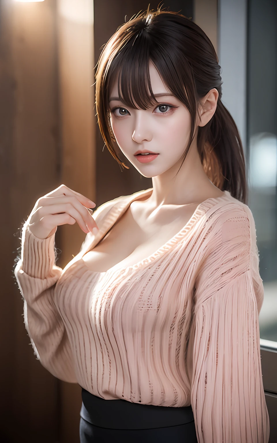Highly detailed CG Unity 8k wallpaper, With the highest quality, super detailed, ​master piece, Realistic, photos realistic, extremely detailed cute girl, 25 years old, (Virgin Killer Sweater) , Panties under pantyhose, blush , Round eyes, Large breasts, looking viewer, Half body shot , office ,crowd ,  ponytail
