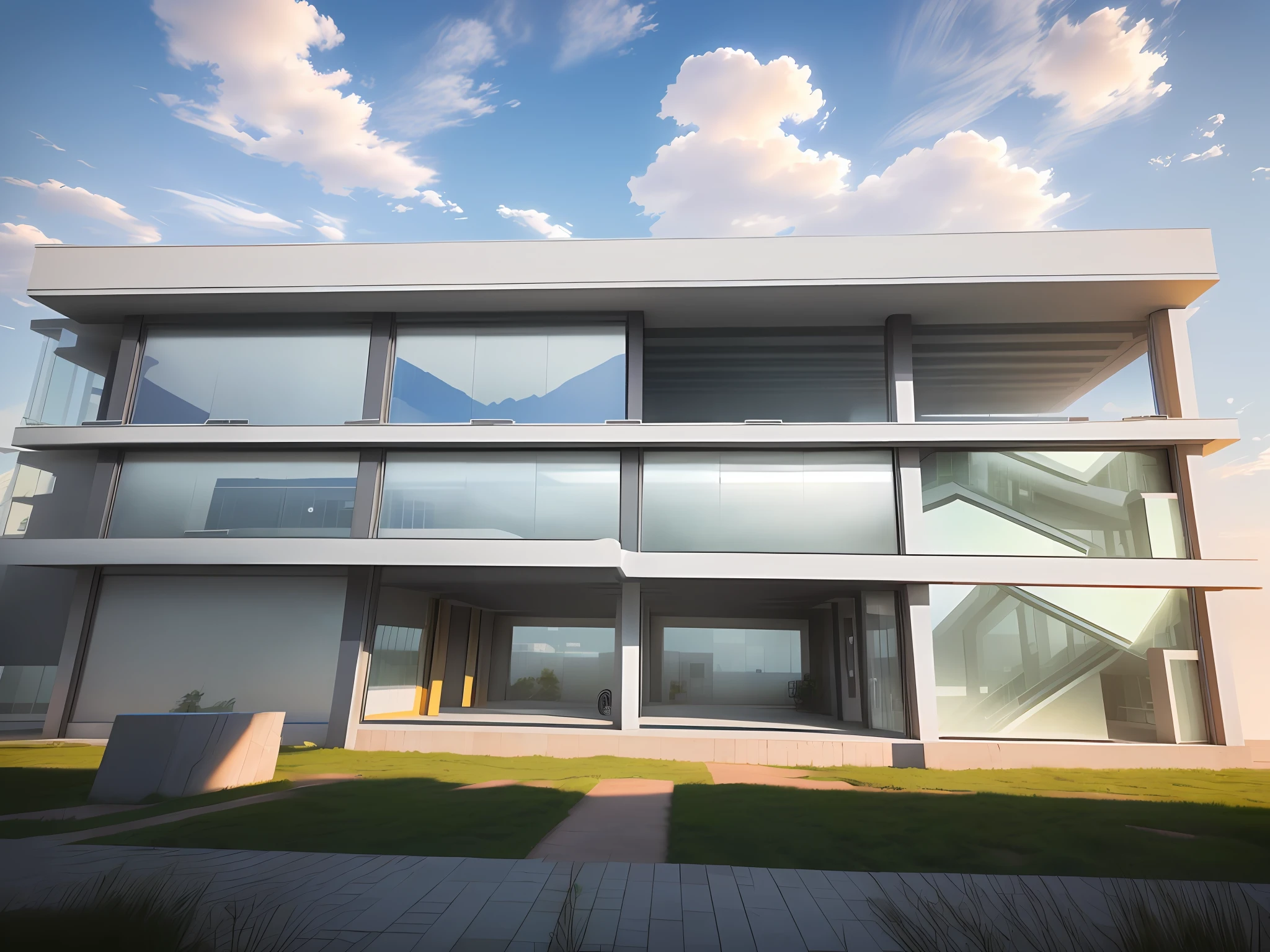 Multi-storey windows and sky background of building façade,The shooting angle is seen from the ground,With front view,the sideview,Positive and terrestrial perspectives,The exterior wall of the building is a stone façade,There is a gate in the middle。