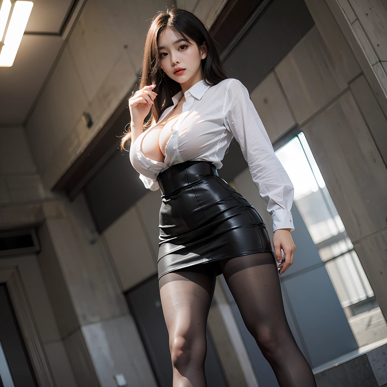 high qulity,Best quality at best,(Full body like),Refined face,Nice face,long whitr hair,being thin,(Grey Stockings),(lacepantyhose),Tight suit,office lady uniform,perfect body figure,high-heels,Raised sexy,Bigchest,Tight skirt,In the metropolis,huge tit,The shirt,Three beautiful Korean ladies,exposing her chest,long leges,Thin leg,are standing,