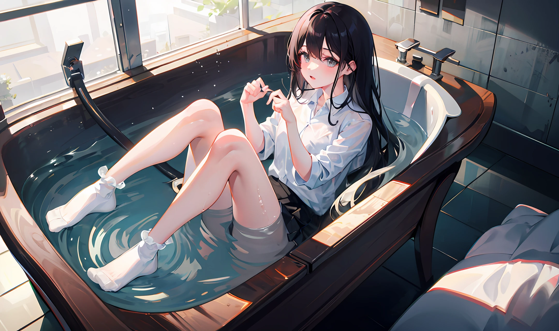 black hair girl，White socks with bare legs，transparent white shirt，Superskirt，Sit in the bathtub，Legs are lifted and clamped，Flushing on the face，Get wet all over your body，White socks are soaked，The expression is shy，High- sharpness，A high resolution