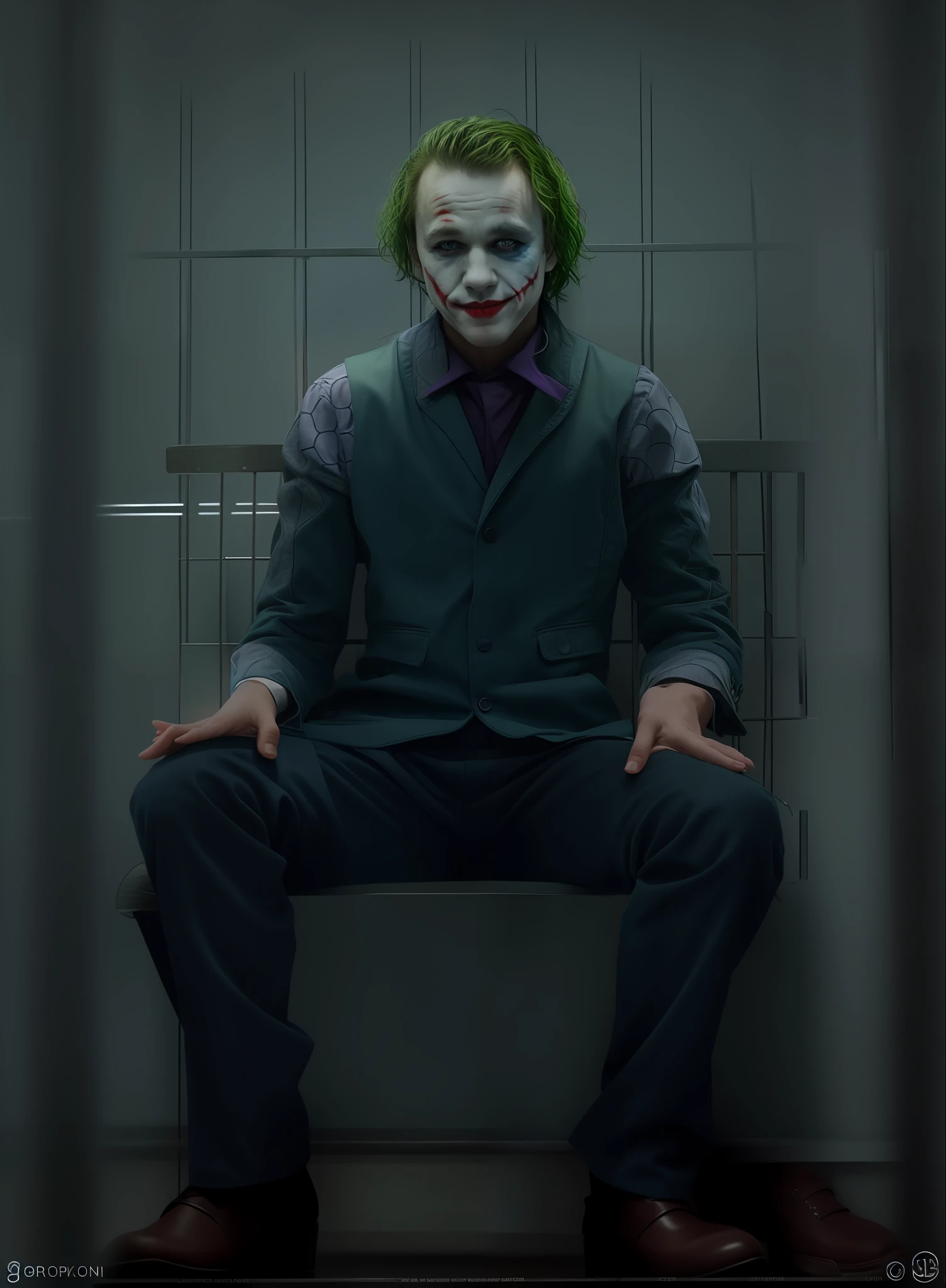 Close-up of a person sitting on a bench in a cell, as the joker, jocker, from joker (2019)Heath Ledger as Joker