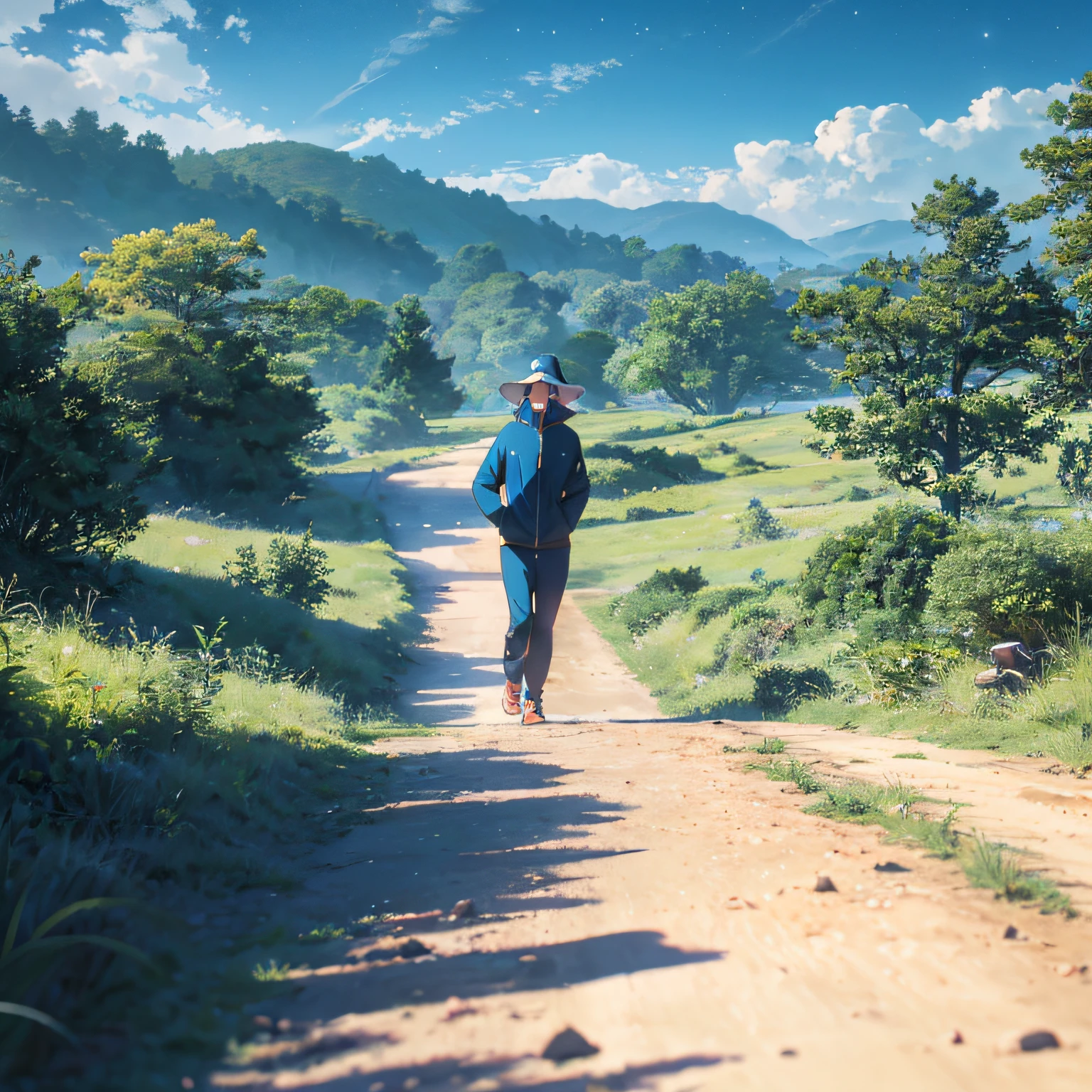 (Beautiful skyline,Magnificent sky),(Intense and dramatic imagery,the moving visual effects),(the high-hanging Polaris,Colorful natural light),shoun，Wearing blue tracksuits、Round hat，Walk on a dirt road in the forest --auto