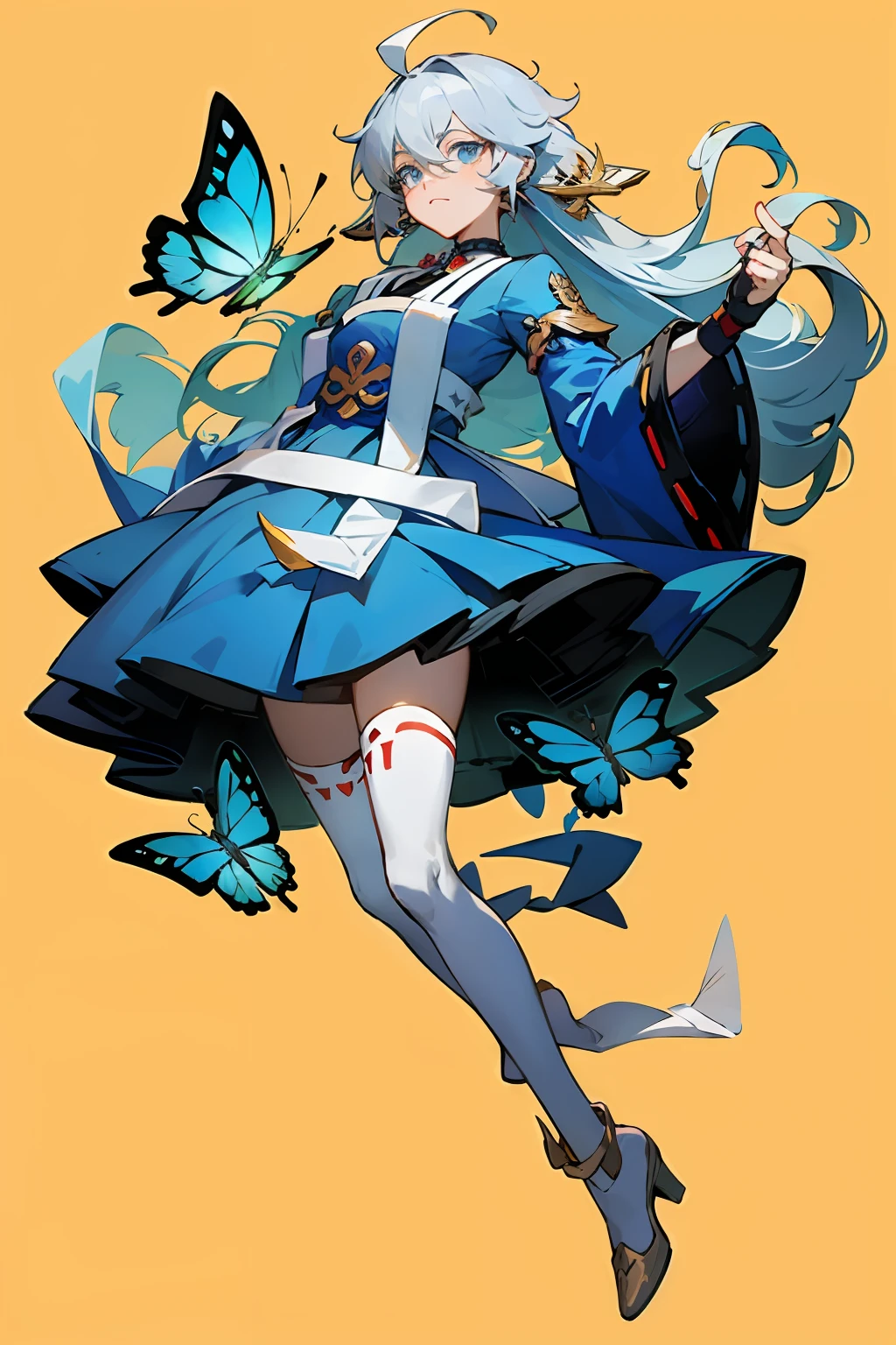 21charturnerv2,charturnbetalora,shinkai makoto,kimi no na wa.,(fantasy:1.4),(blue eyes:1.233),her eyes shine like dreamlike stars,(glowing eyes:1.233),(beautiful and detailed Eyes: 1.1), (silver hair: 1.14), (messy hair, very long hair, french braid, hair between the eyes, sideburns), (+(blue hair: 1.14)), (chiffon dress, Blue flower uniform)/=(military uniform: 1.24),(removable sleeves, wide sleeves),(fingerless gloves),choker,(miko thighhighs),high-heeled boots,(expressionless,shut up),(standing) ,dreamy,soul,(fluorescent),(flying translucent blue butterfly:1.15), [[delicate fingers and hands:0.55]::0.85],(finger details),white background,full body,blue theme,gold background