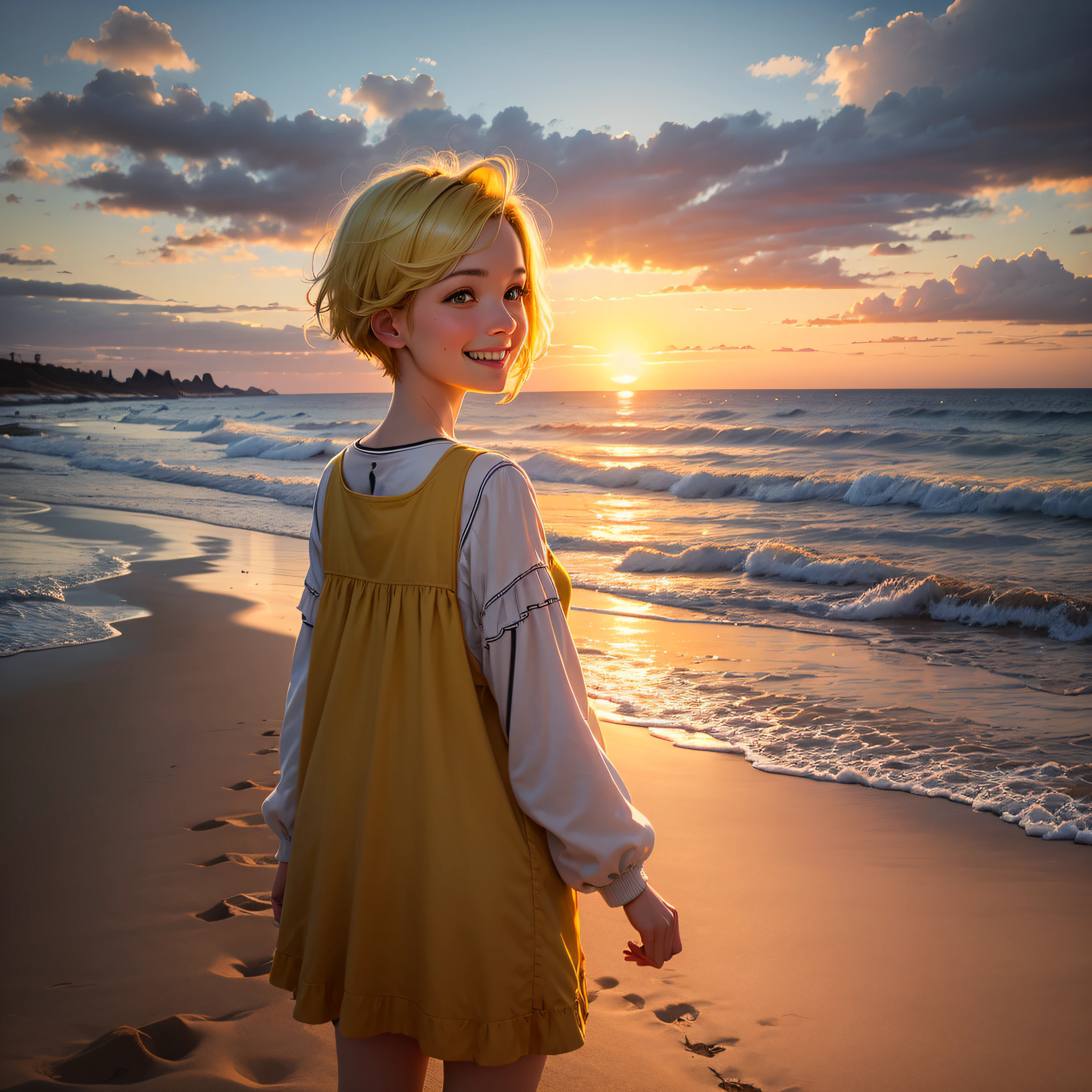 Girl with short yellow hair standing on the beach watching the sunrise,smiling happily,The sun shines on the golden sand