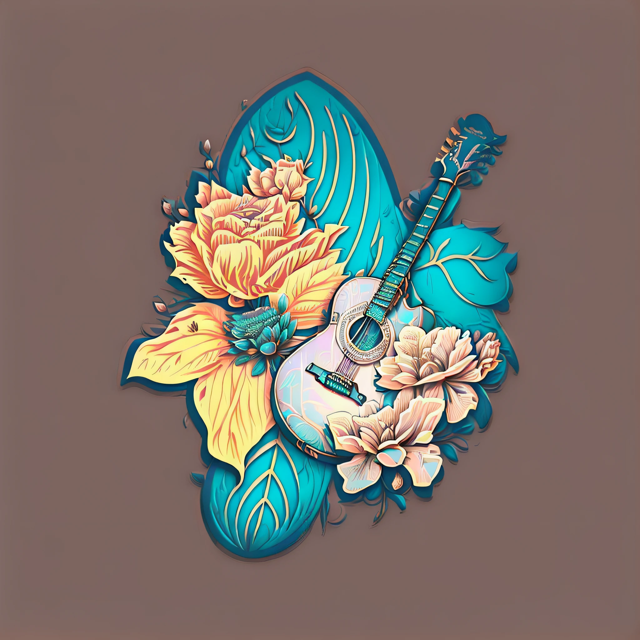 ((Guitar close-up, greybackground:1.2),(patch design,Mold cutting sticker,illustratio,sticker design),((Blooming rhythm,Entertainer, singer,Songwriter,cottagecore hippie,acoustic guitar), telegraph stickers design,Inspired by Gustav Bowman,Illustrator digital illustration), ((Pale background,blossoms:1.3), die cut sticker))