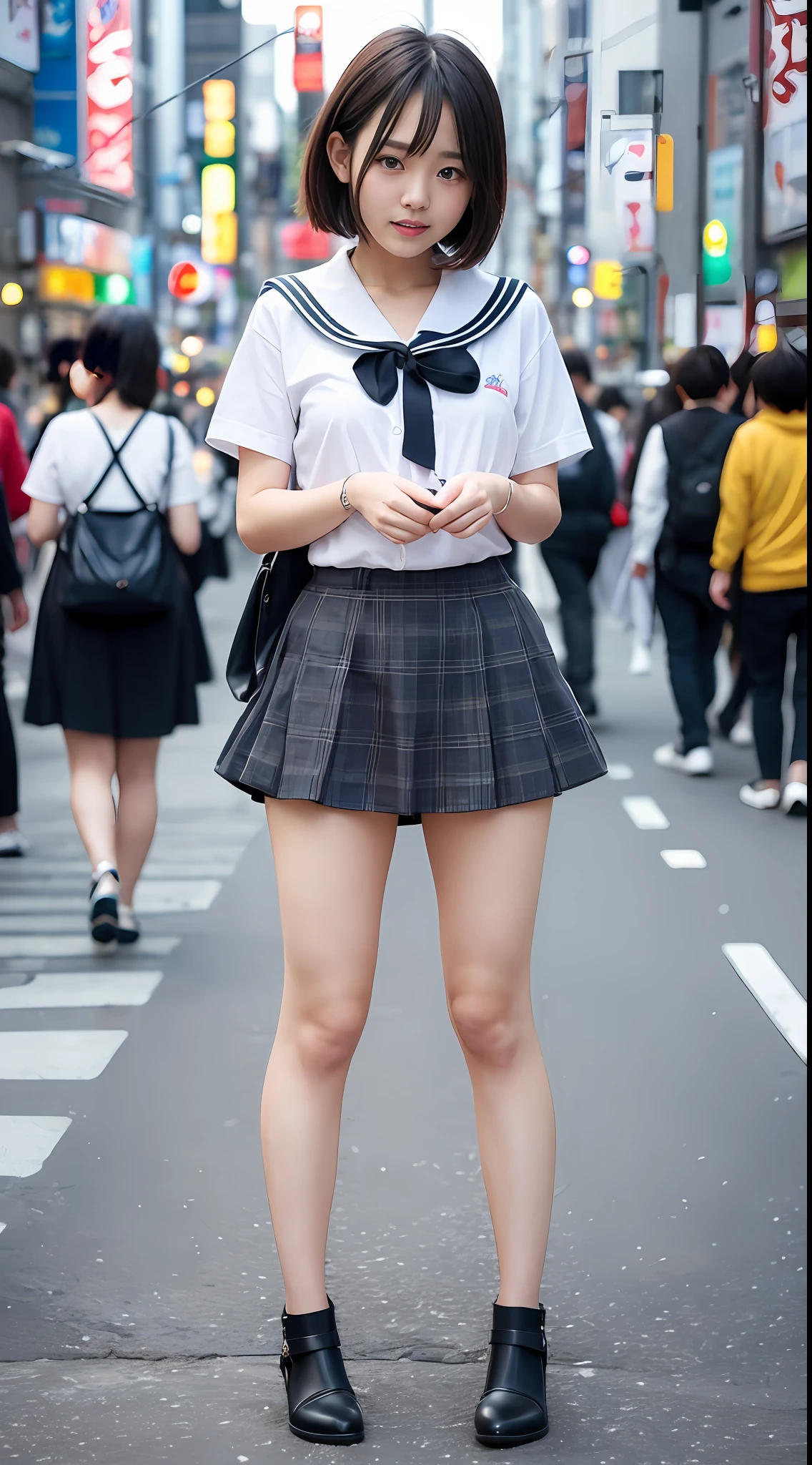 ultra best quality、masterpiece、超A high resolution、(Photorealsitic:1.4)、the Extremely Detailed CG Unity 8K Wallpapers、Detailed and complex、Original、hight resolution、Raw foto、(perfect body type)、Detailed and complex,、Digital SLR、softlighting、hightquality、film grains、depth of fields、Leica Camera、50mm Lens、Back lighting、nffsw、hyper realstic、Color Grade、dynamicposes、portlate、japanes、A smile、s lips、short-hair、bangss、(Crowded Akihabara:1.2)、Front view View viewer、natural soft light、girl with、20yr old、full body Esbian、独奏、 Pupils、University、校服、Sailor collar、Bobby Socks、pleatedskirt、Daytime、in a street、deep-shadows、cute little、Beautie、Unobtrusive、Cold Light 12000K \\ a street、The state of the store、akihabara、Shinjuku、Shibuya、Ikebukuro、Detailed Realistic、Skin Texture、ultra-detailliert、realistic skin textures、(Dramatic、awardwinning photo、Incredible masterpiece:1.3)、Windy、You can see inside the skirt、I see underwear