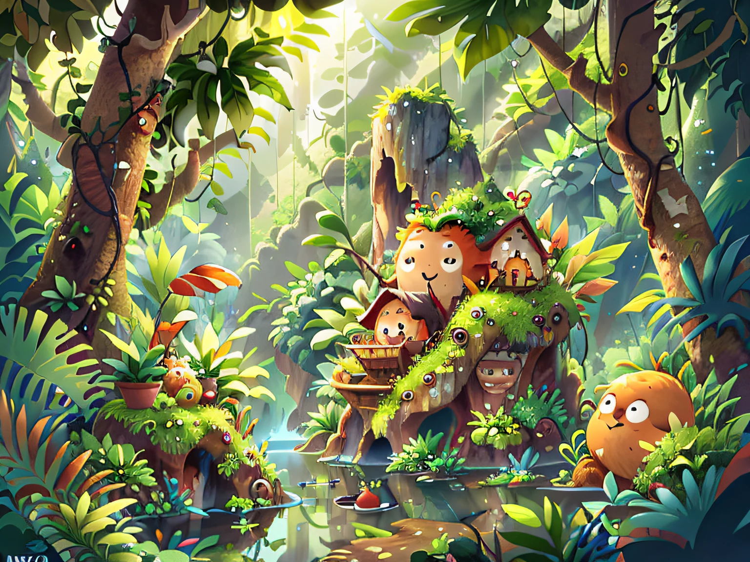 Incredibly detailed CG jungle with a lush ecosystem, dense foliage, mountain in the background. Vibrant coffee plants and fruit dot the diverse landscape. Flying cup of coffee pouring into the lake in the middle