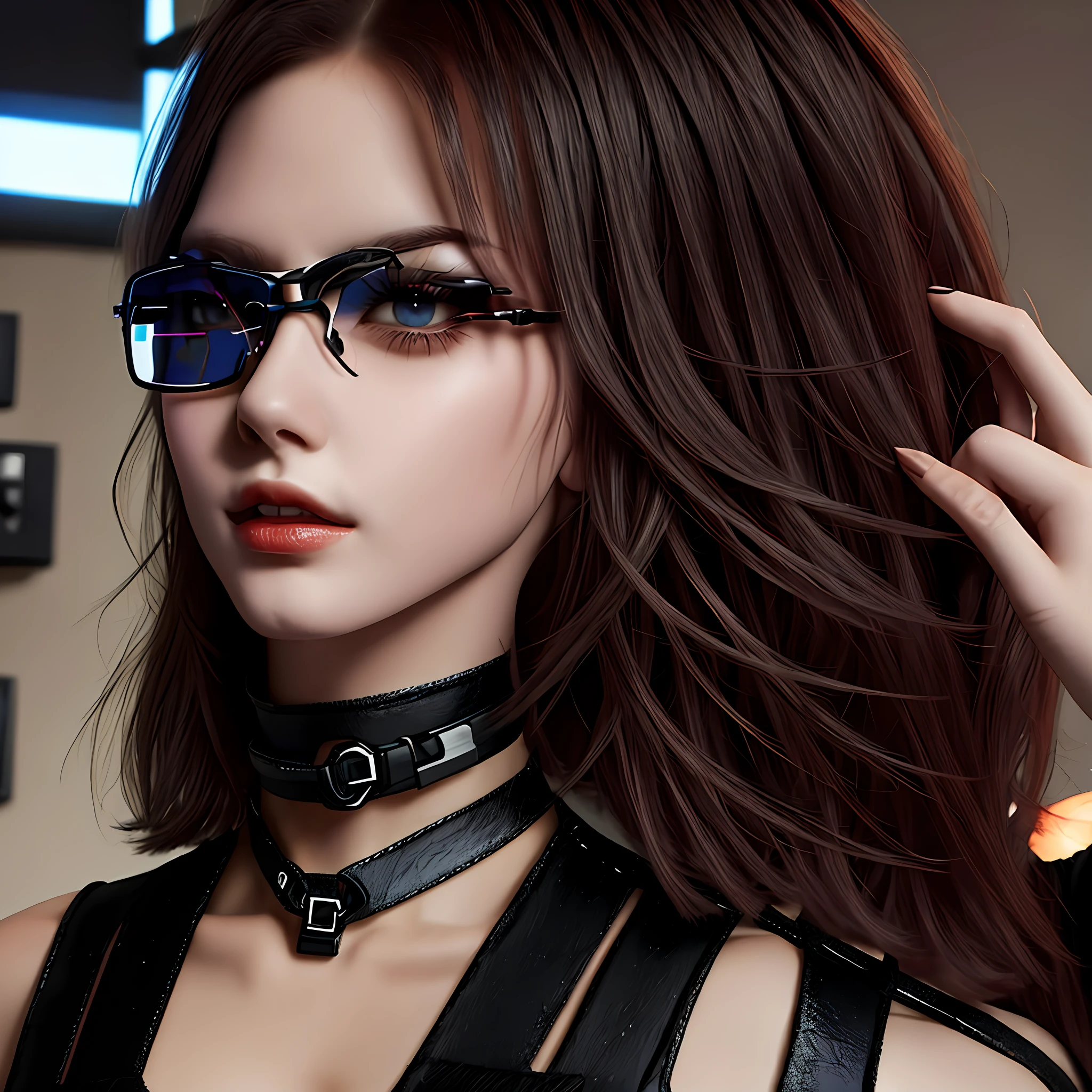 short detailed hair,Close one eye,eye glass,hyper HD,choker necklace,The upper part of the body --auto