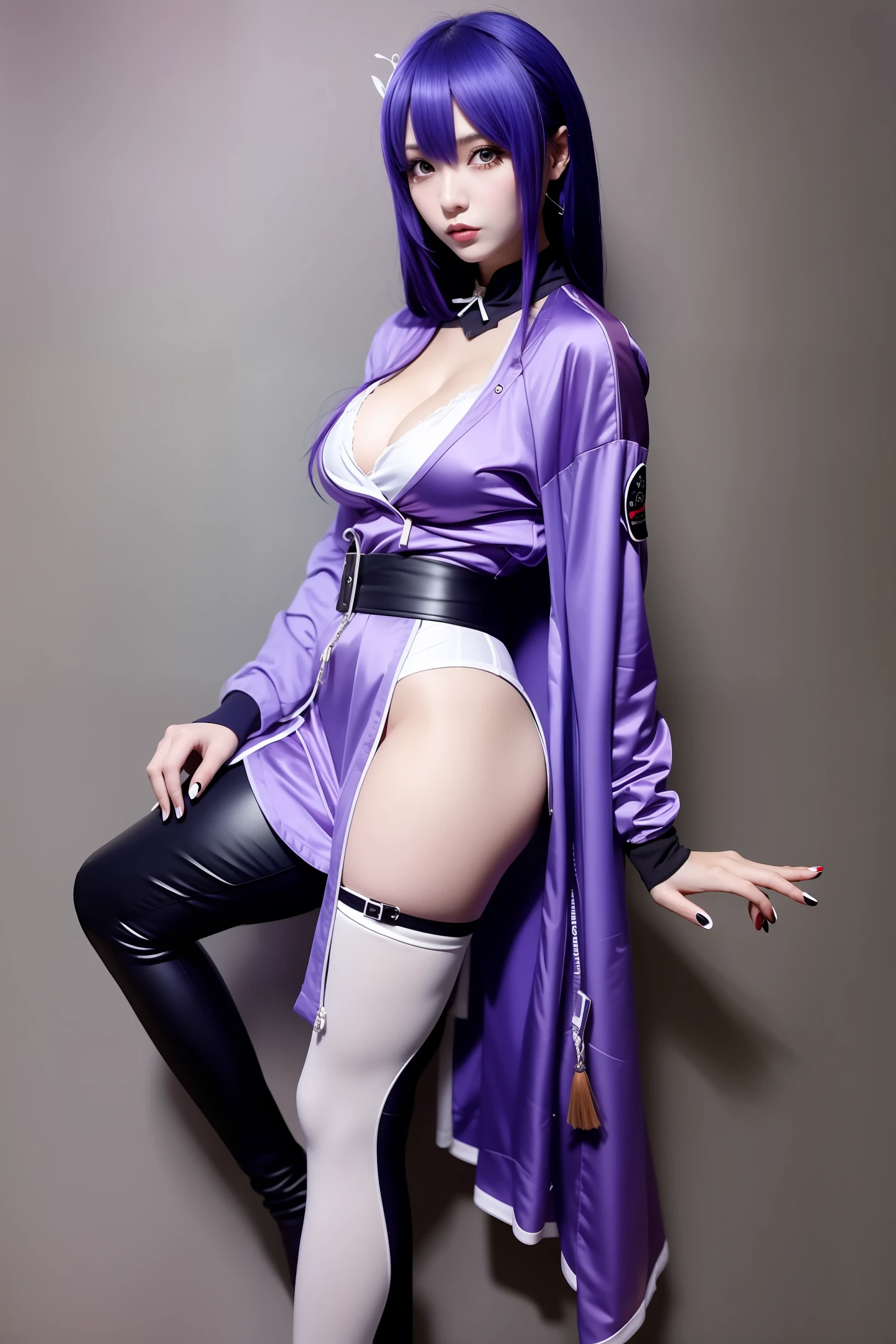 Manteau blanc，Red eyes，Purple hair big breasts，With leg loops