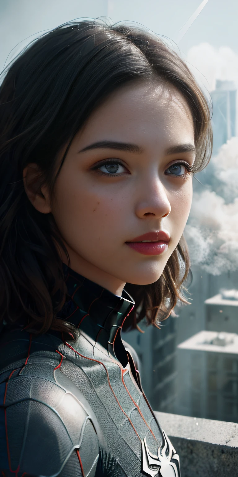 (1girl:1.3), Solo, (((Very detailed face)))), ((Very detailed eyes and face)))), Beautiful detail eyes, Body parts__, Official art, Unified 8k wallpaper, Super detailed, beautiful and beautiful, beautiful, masterpiece, best quality, original, masterpiece, super fine photo, best quality, super high resolution, realistic realism, sunlight, full body portrait, amazing beauty, dynamic pose, delicate face, vibrant eyes, (from the front), She wears Spider-Man suit, red and black color scheme, spider, very detailed city roof background, rooftop, overlooking the city, detailed face, detailed complex busy background, messy, gorgeous, milky white, highly detailed skin, realistic skin details, visible pores, clear focus, volumetric fog, 8k uhd, DSLR, high quality, film grain, fair skin, photo realism, lomography, futuristic dystopian megalopolis, translucent