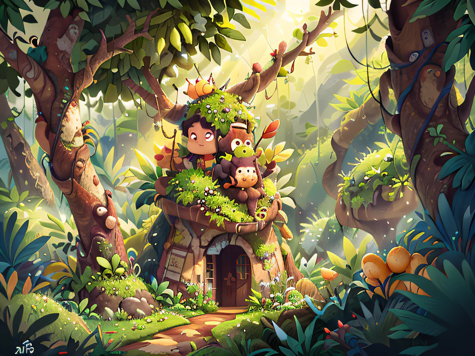Incredibly detailed CG jungle with a lush ecosystem, dense foliage, mountain in the background. Vibrant coffee plants and fruit dot the diverse landscape.