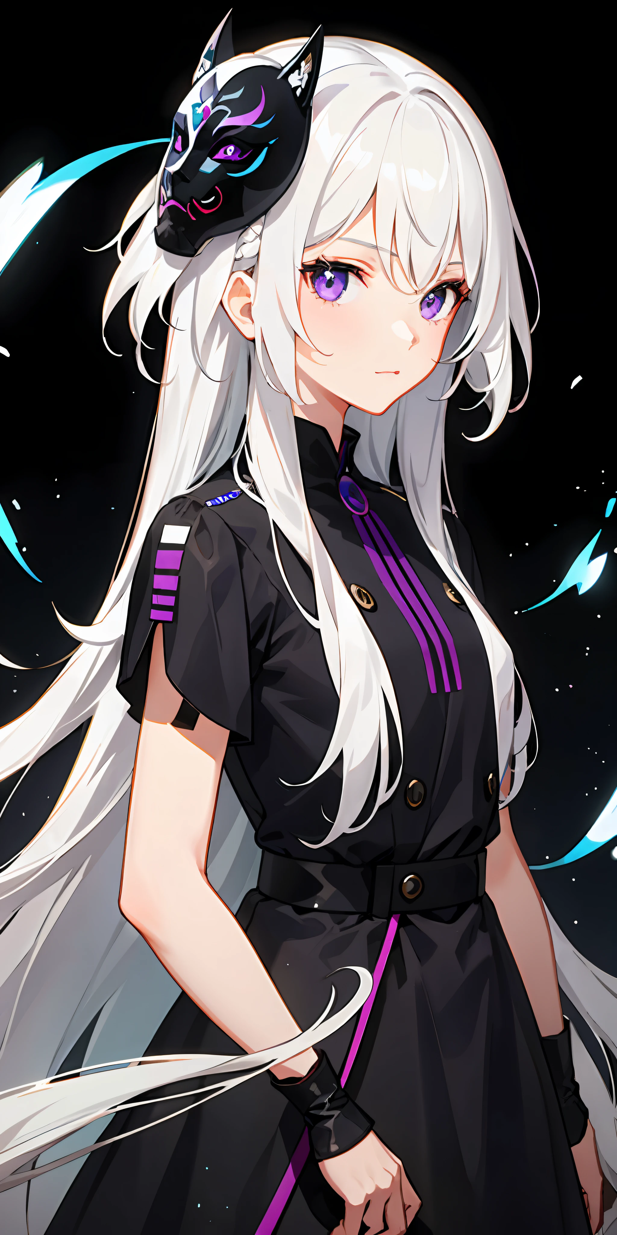 1girl, white hair, multicolored hair, purple eyes, mask on head, sidelighting, light particles, wallpaper,