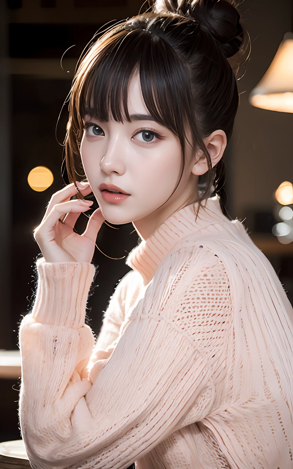Highly detailed CG Unity 8k wallpaper, With the highest quality, super detailed, master piece, Realistic, photos realistic, extremely detailed cute girl, 25 years old, (Virgin Killer Sweater) , jeans, (blush) , Round eyes, Large breasts, looking viewer, Half body shot , cafe ,crowd , hair bun
