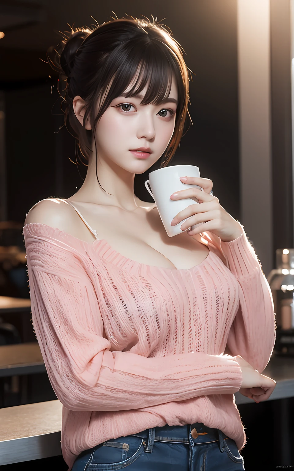Highly detailed CG Unity 8k wallpaper, With the highest quality, super detailed, ​master piece, Realistic, photos realistic, extremely detailed cute girl, 25 years old, (Virgin Killer Sweater) , jeans, (blush) , Round eyes, Large breasts, looking viewer, Half body shot , cafe ,crowd ,  hair bun