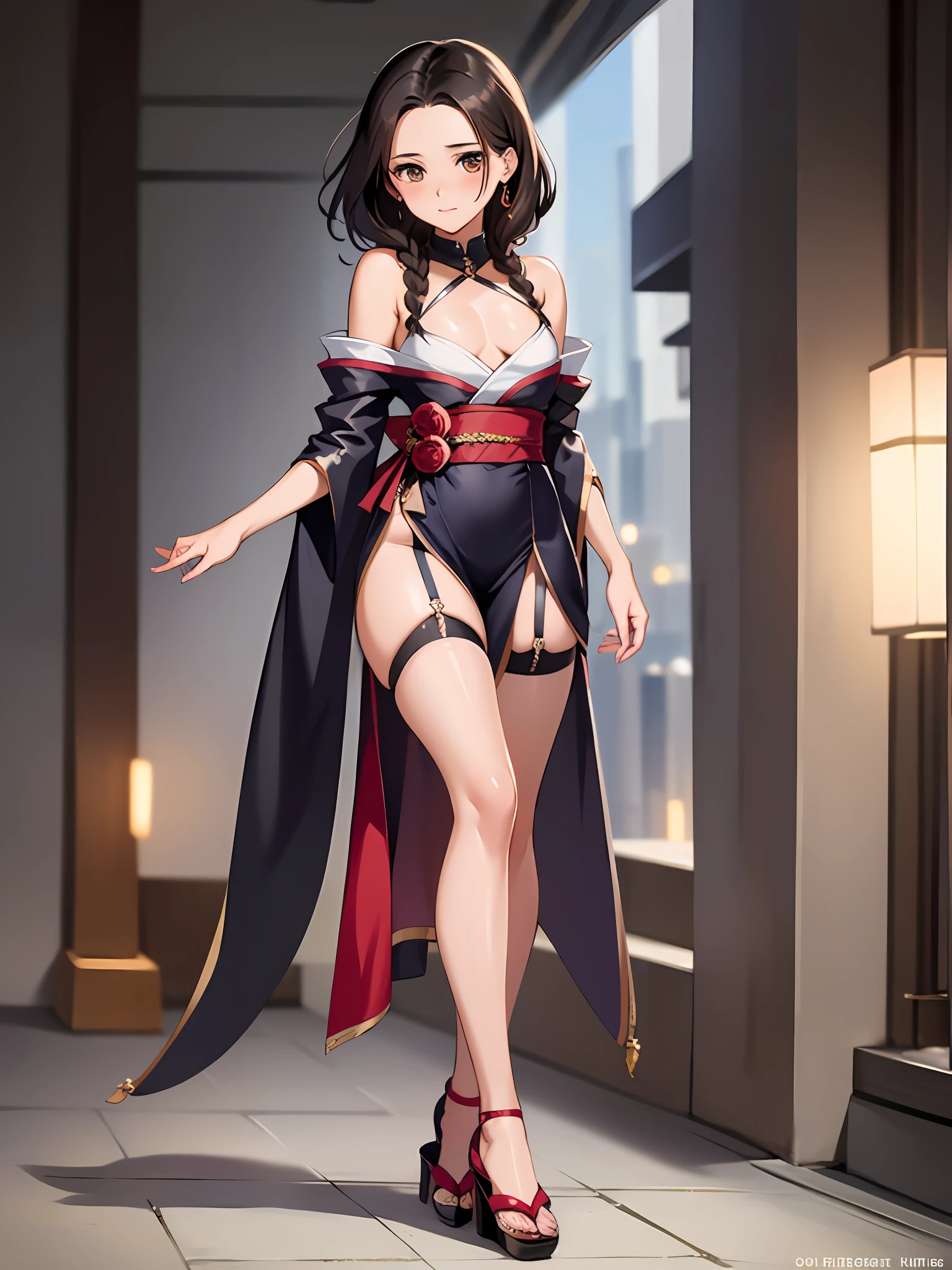 (masterpiece:1.2),The best quality illustrations,high-detail,solo,Beautiful detailed girl,25yo,Japanese Women,(slicked back hair),forehead,(sidelocks),(medium hair),Brown eyes,(very small breasts),skimpy,full body,white stocking,blushing,looking at the viewers