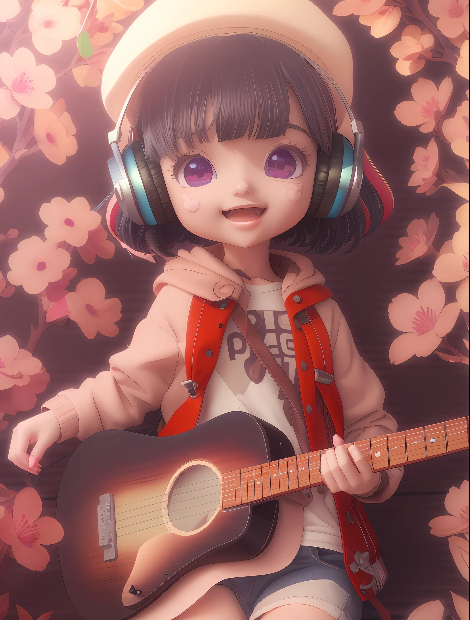 There was a girl with headphones, a guitar and a hat, render of a cute 3d anime girl, Kawaii realistic portrait, anime styled 3d, Realistic anime 3 D style, 3d anime girl, cute 3 d render, Cute detailed digital art, Stylized anime, Anime style. 8K, adorable digital art, style of anime4 K