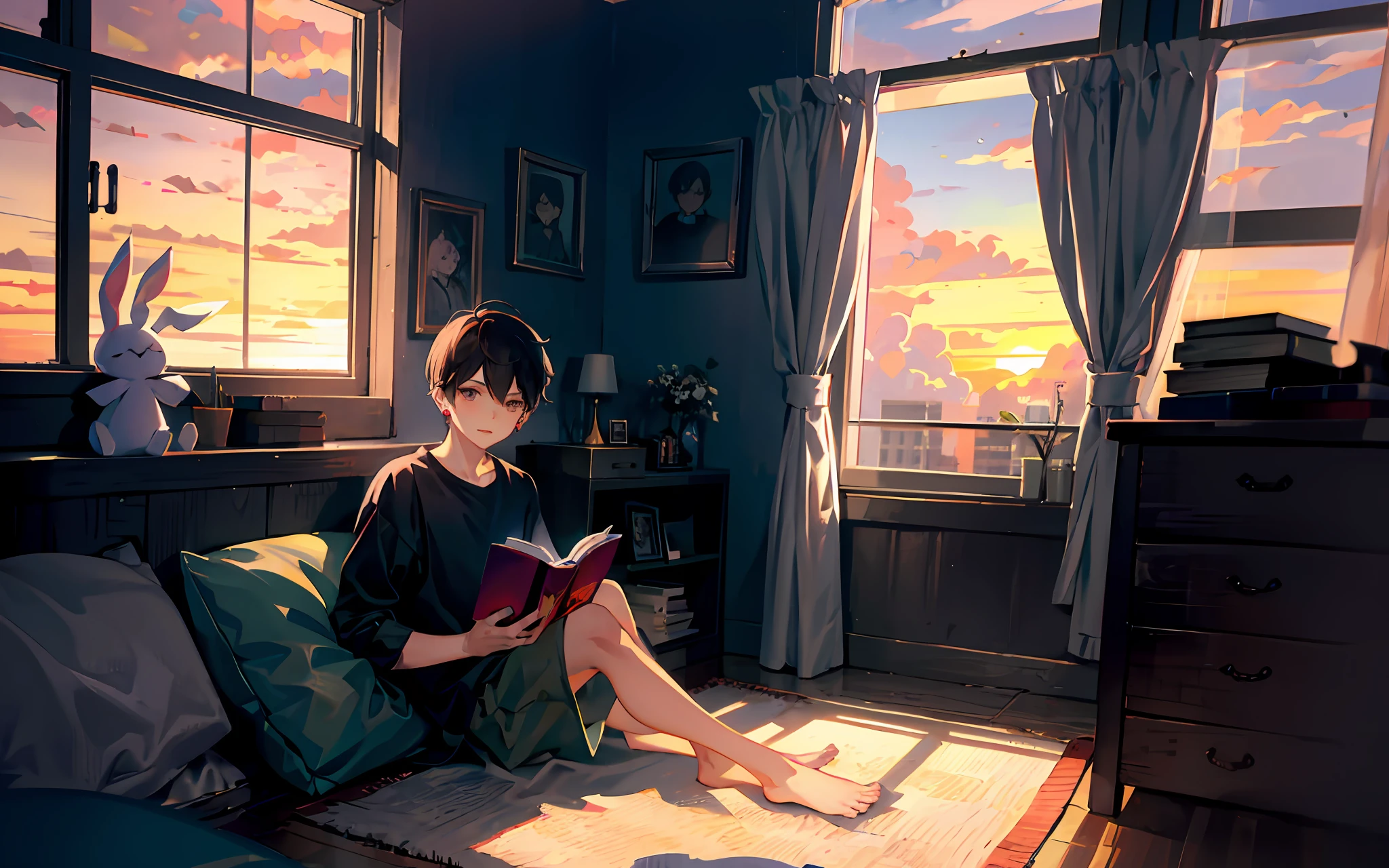 A dormitory room has pictures of anime girls plastered on the walls of an interior room,A boy sits against a wall,The boy is 15 years old looking at a book with black hair,The right ear has stud earrings,Afternoon on the right day,The sun is about to set,A ray of sunset shines in from the window,The boy's shadow was imprinted on the ground,The boy holds a rabbit doll in his hand,The boy stared at the doll。The weather is hot,The weather outside the window was sunny,The clouds in the sky appear fiery red