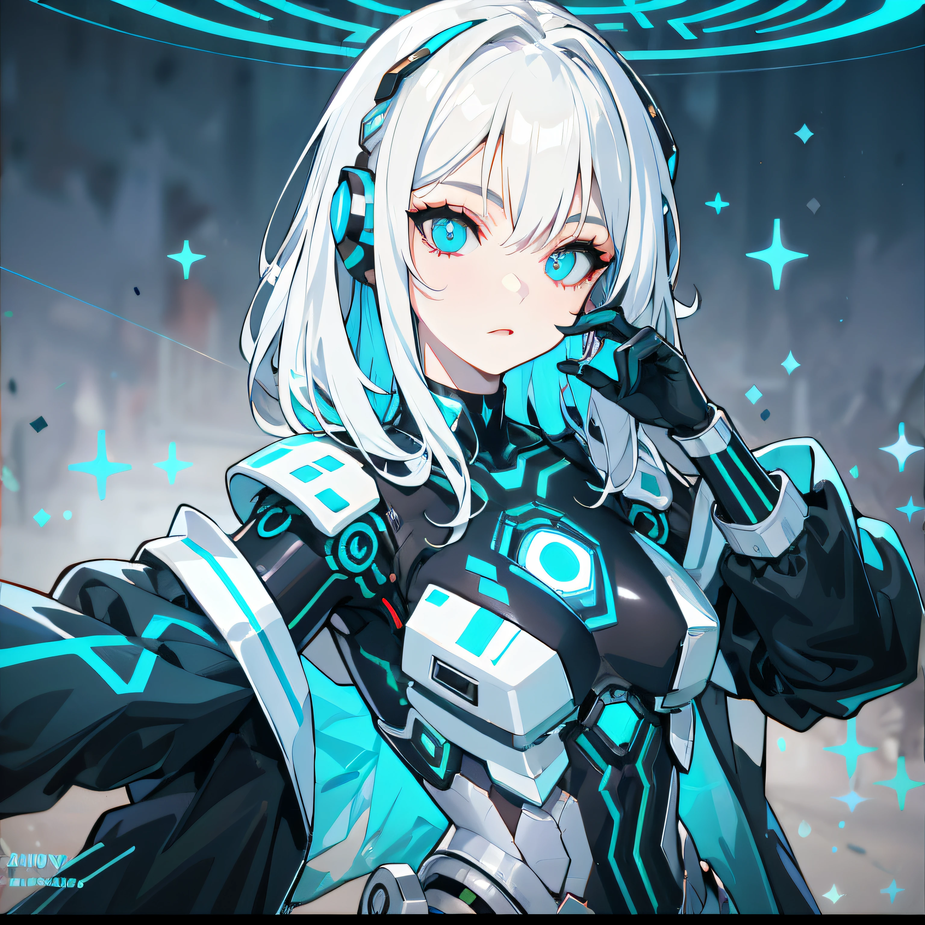 Super detailed 3D rendering porcelain silhouette female cyborg,micro Chip、muscline、Significant exoskeleton armor,sharp,8K high-definition,Surreal cyberpunk theme,Visualize star patterns,White hair shawl,Tall and slender waist,cyan pupils,rifles,Galaxy background,headset on head,Glowing eyes。