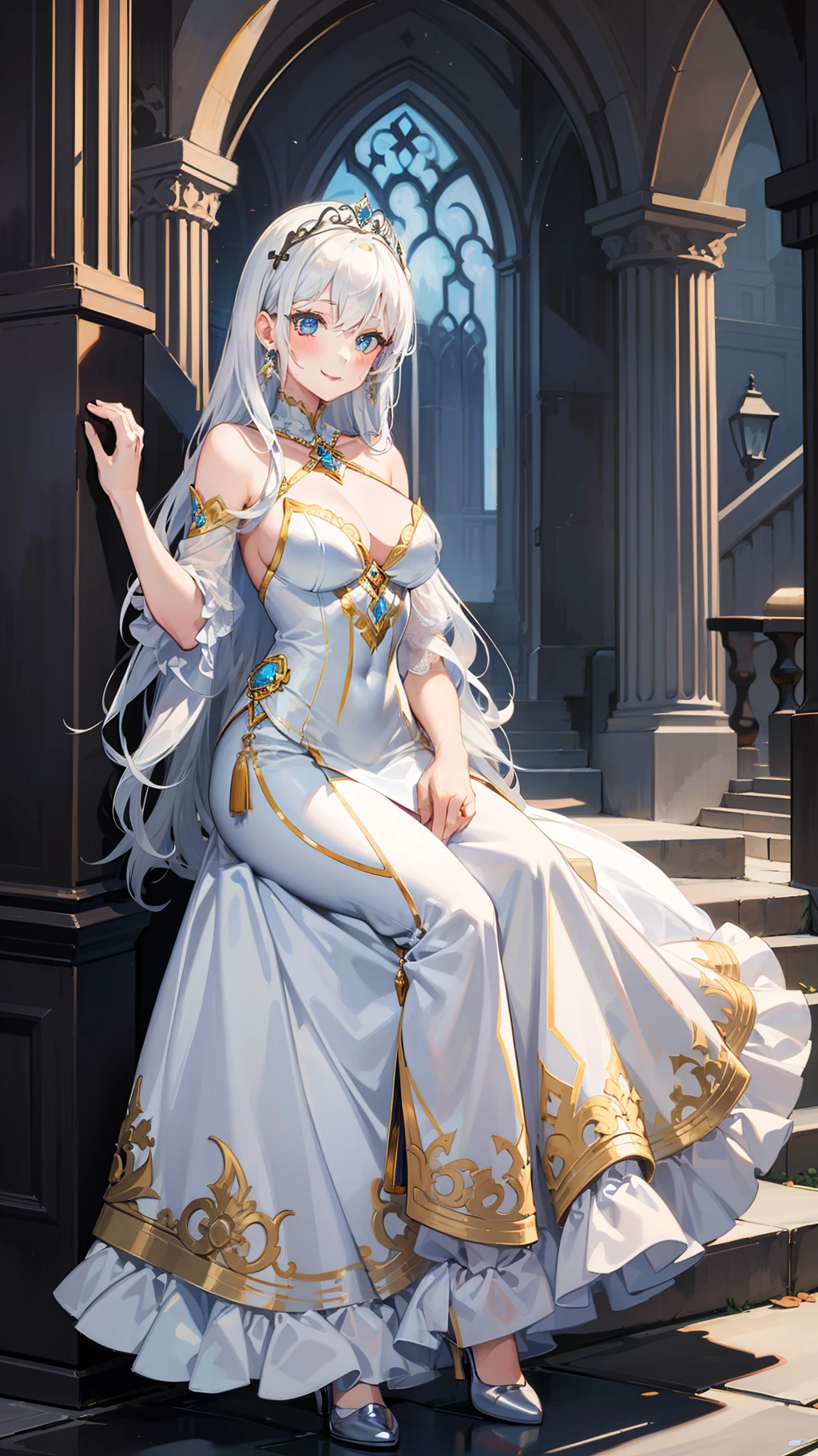 a painting of a girl in a princess costume is posing near a pillar, 1girl, solo, long hair, dress, blue eyes, jewelry, looking at viewer, breasts, white hair, tiara, smile, earrings, white dress