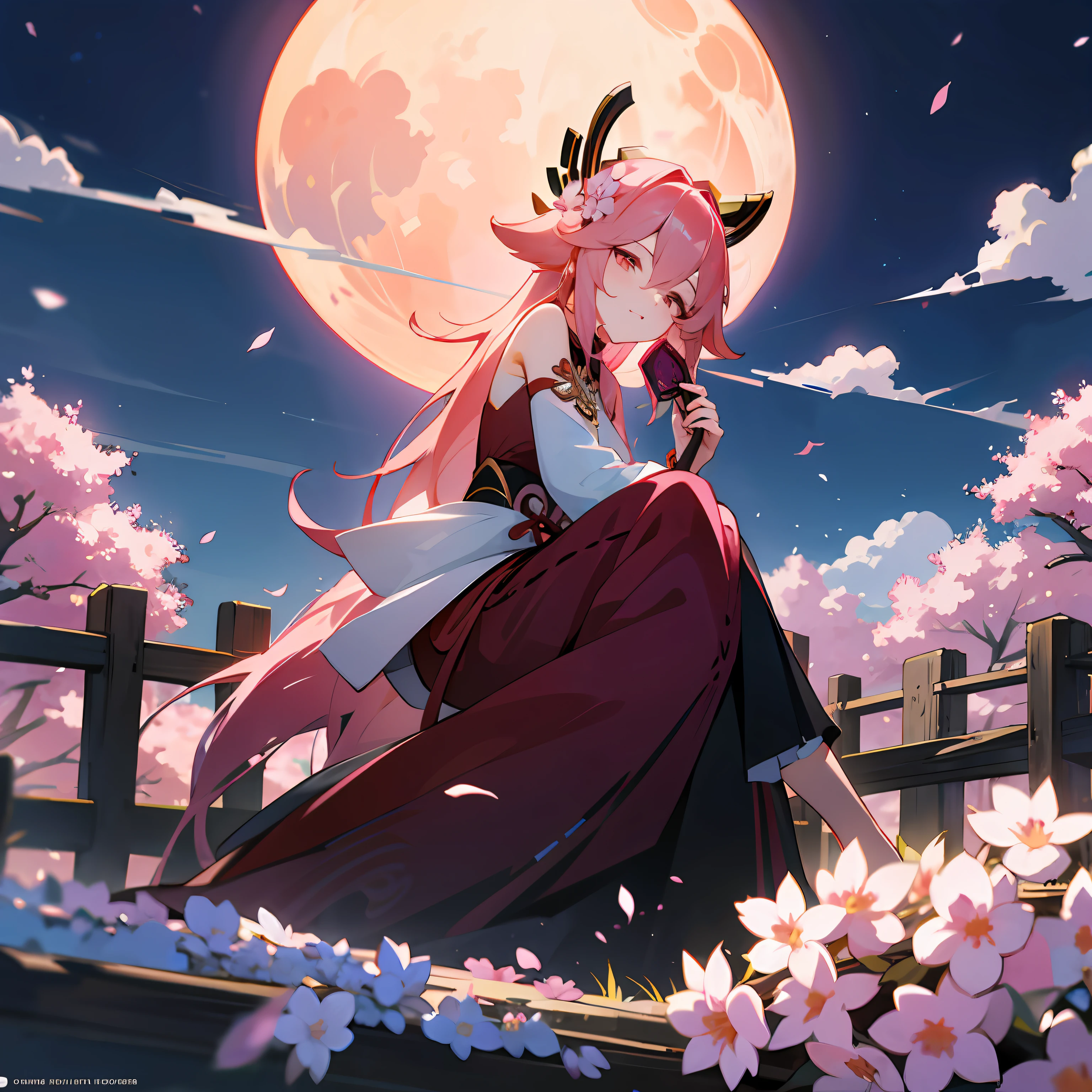 Two cherry blossoms fall from the hair