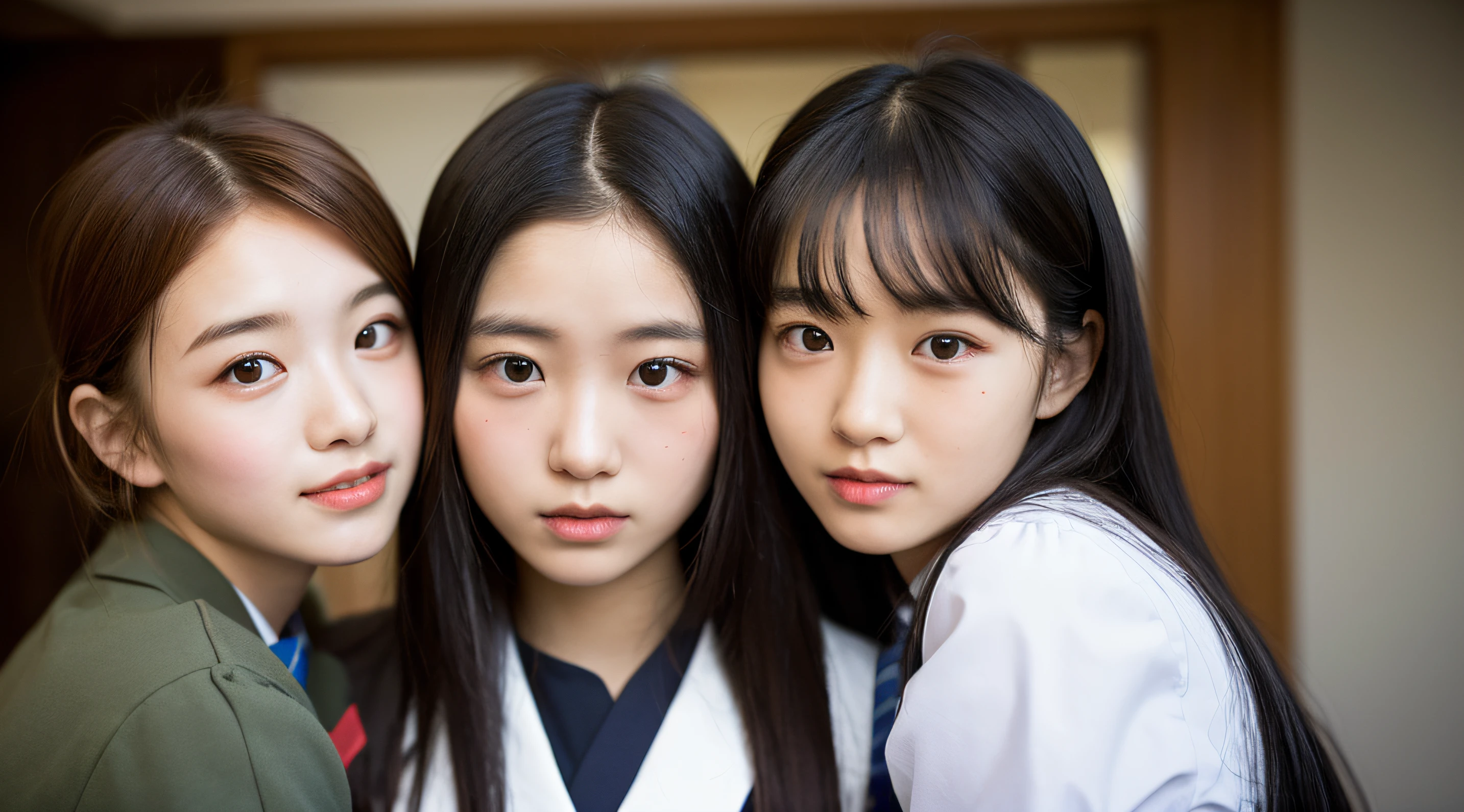 8K，Secondary school girls，Wearing a Japanese high school uniform，Fine skin and texture，delicate black eyes，finely detailled