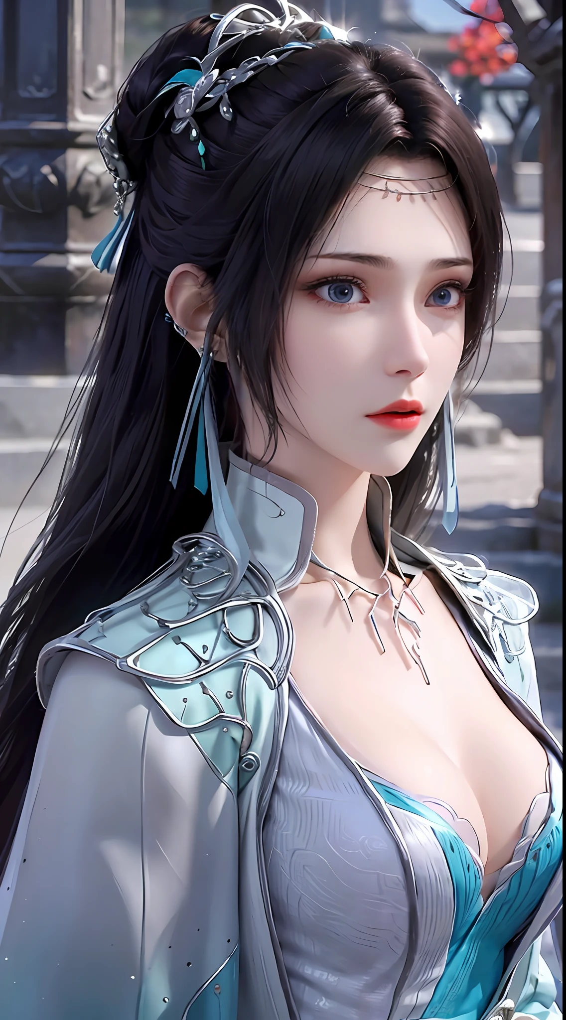 1 sexy sexy beautiful girl in hanfu dress, blue thin silk top with white pattern, white lace trim, purple-black long ponytail, hair jewelry, ear jewelry, necklace and ring neck, meticulously drawn big blue eyes, meticulous makeup, thin eyebrows, high nose, pretty red lips, not smiling, pursed lips, rosy cheeks, enlarged breasts, huge breasts, well-proportioned breasts, slim waist, blue mesh socks, loose sleeves, chinese hanfu style, fictional art textures, vivid and realistic colors, RAW photos, realistic photos, ultra high quality 8k surreal photos, (light effect) awesome) awesome: 1.8), 10x pixels, magic effect (background): 1.8), super detailed eyes, girl upper body, girl portrait, girl alone, hanfu history background,