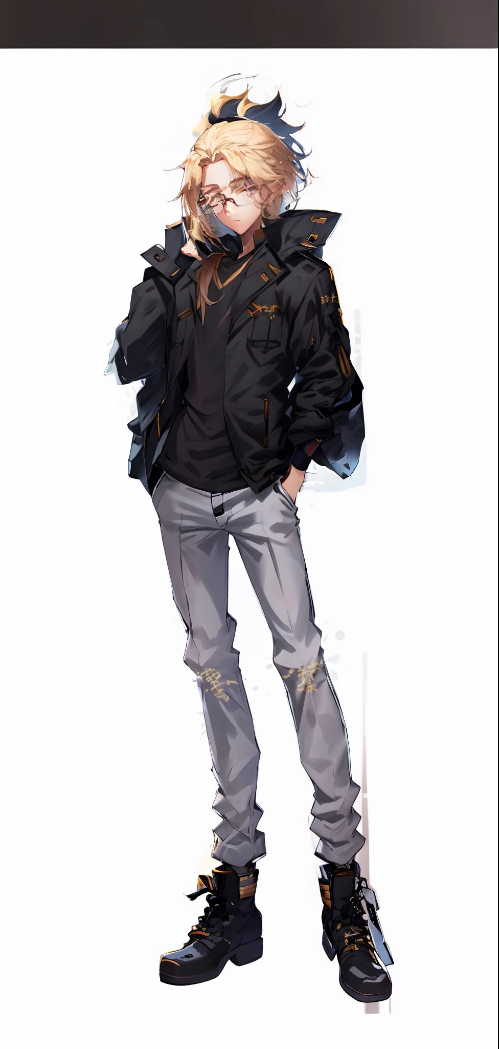 Anime character with black hair and glasses in black jacket, !!Full body portrait!!, Full body illustration, anime full body illustration, Single character full body, Full body portrait of trousers and trousers!, highly detailed whole body, Boy all over!!, clear outfit design, full body detailing