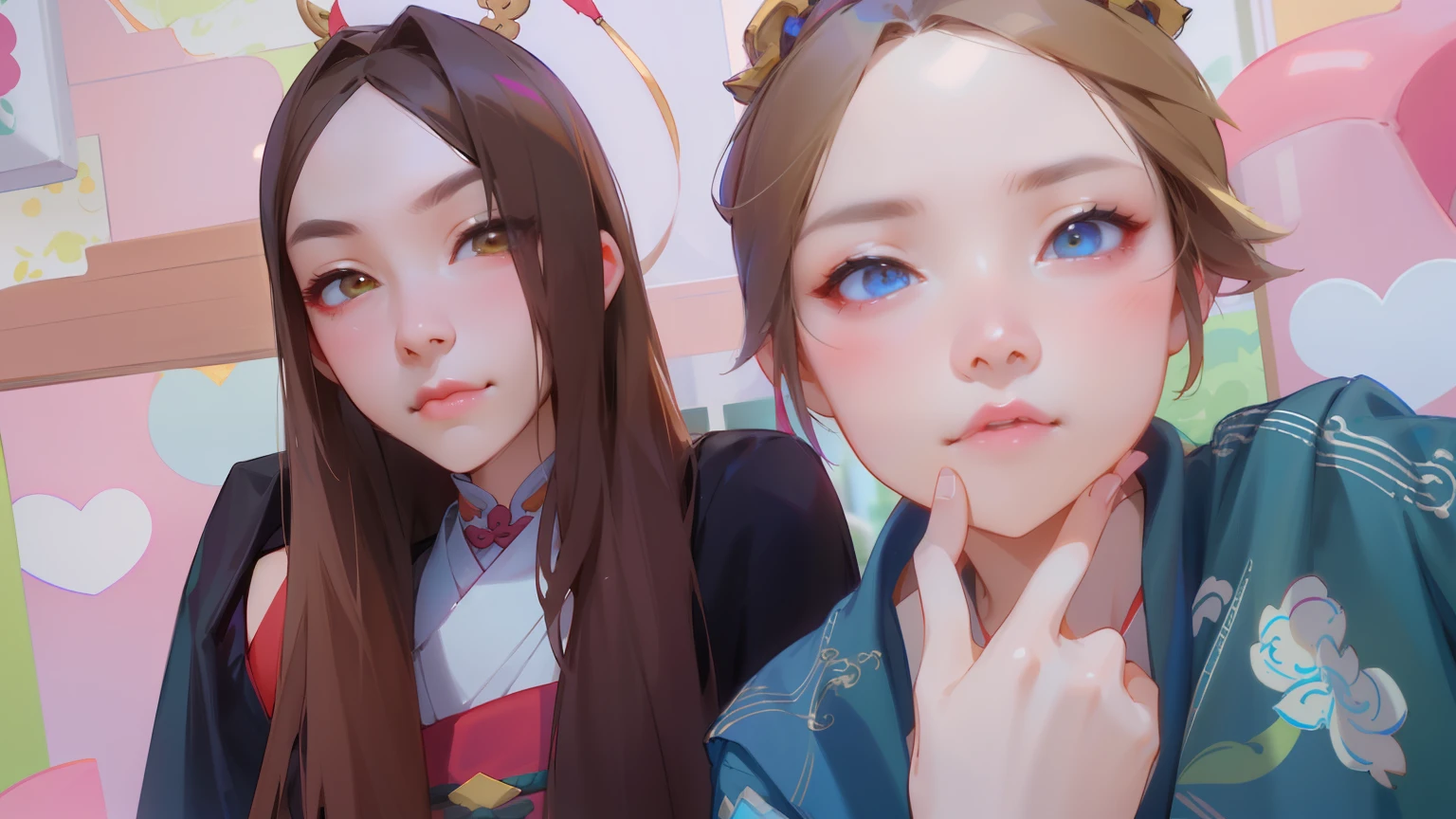 there are two girls that are posing for a picture together, Ruan Jia and Fenghua Zhong, zmonzheng, , 8k selfie photograph, Two girls, personal profile picture, ulzzangs, scandy and arender, Xianxia, dang my linh,