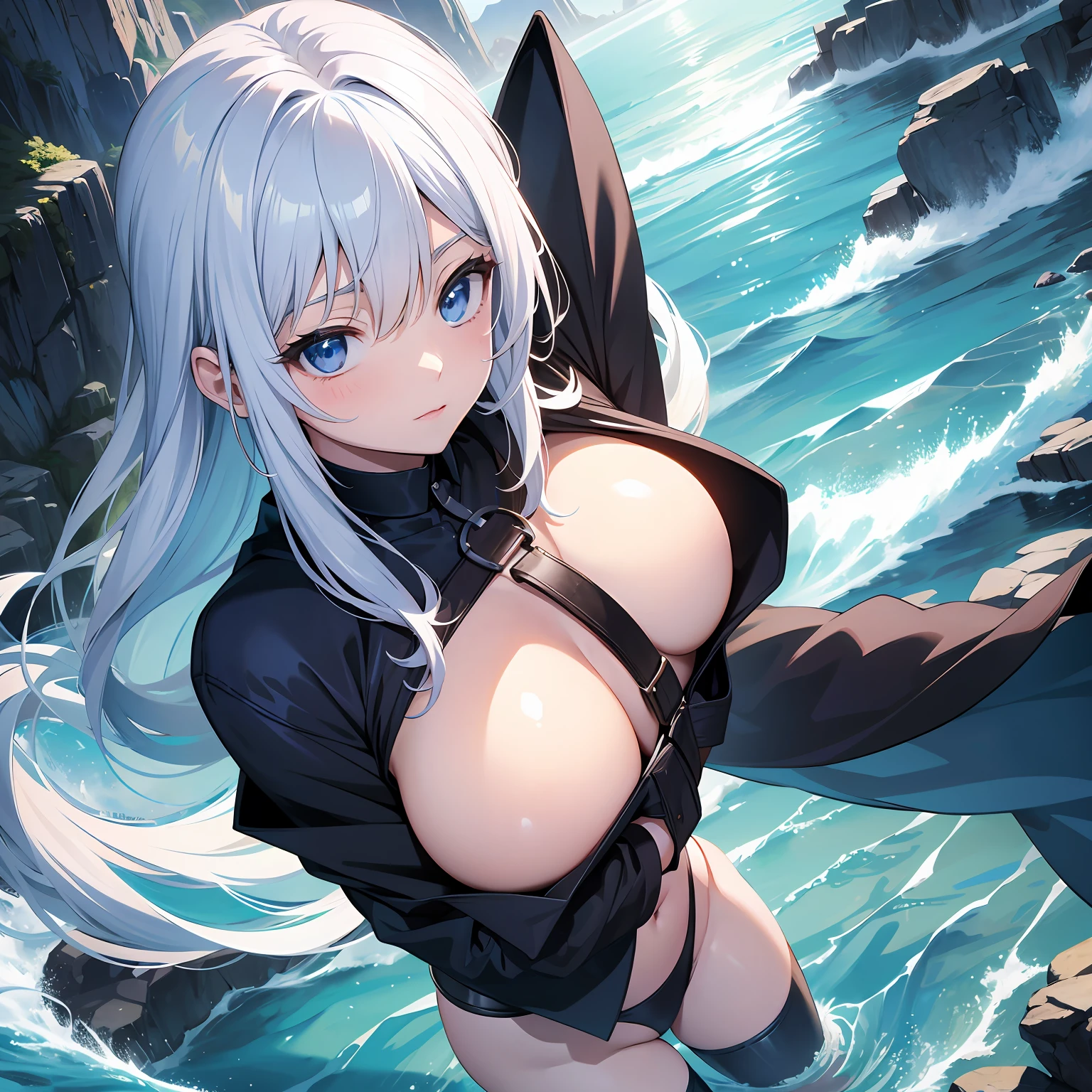 handsome，Man with white hair，weeping，anime big breast，long whitr hair，eBlue eyes，squatt，ass big，huge tit --auto