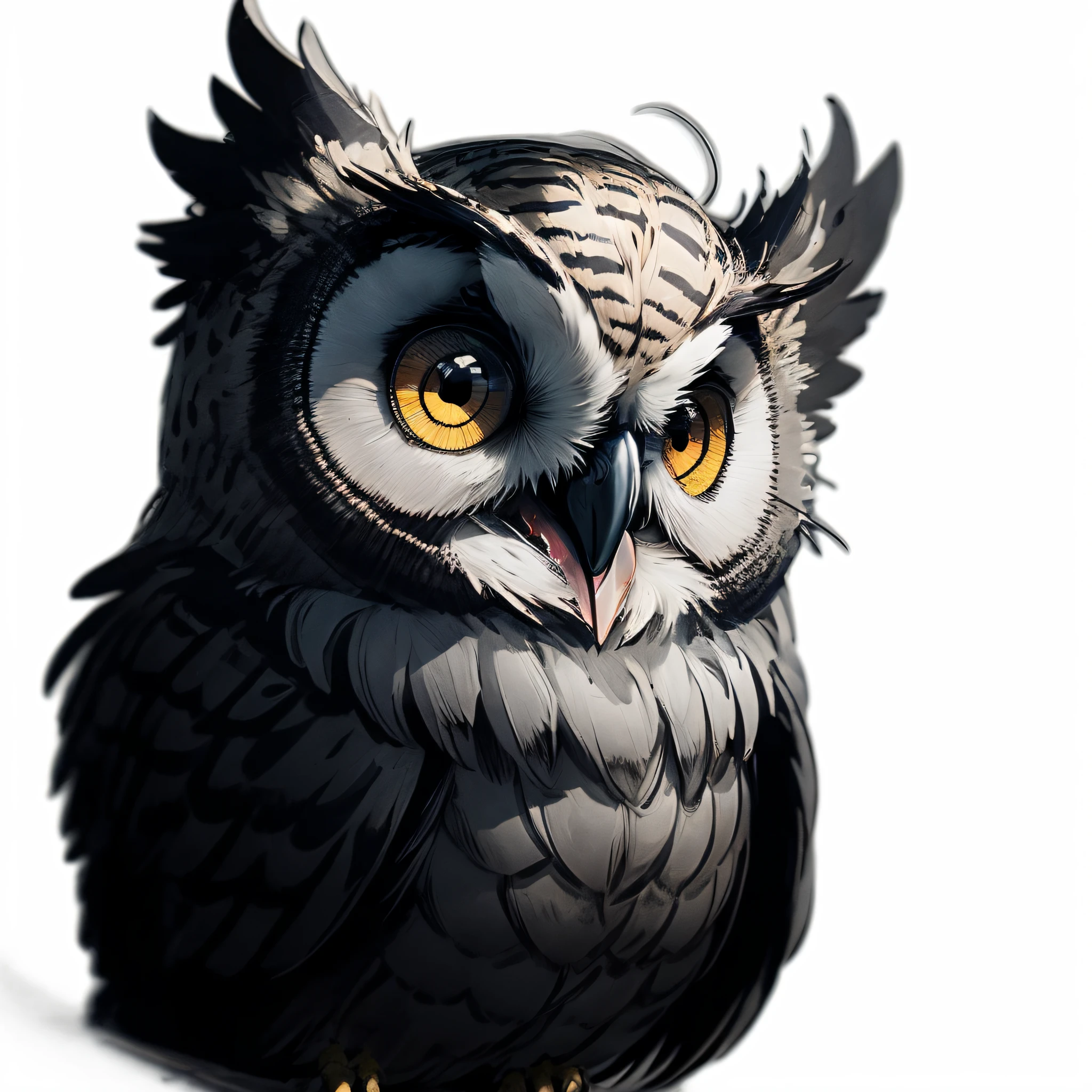 There is a painting of an owl with yellow eyes, cute owl, the wisest of all owls, owl studio, owl, an owl, big detailed eyes, Surreal robot owl, Highly detailed illustration, alien owl, Night - owl, cool looking, Hooters, Scowl, radiant owl, high quality portrait, Detailed art, high quality illustration, lovely digital painting，The third perspective looks up at the owl，The owl rises to the sky