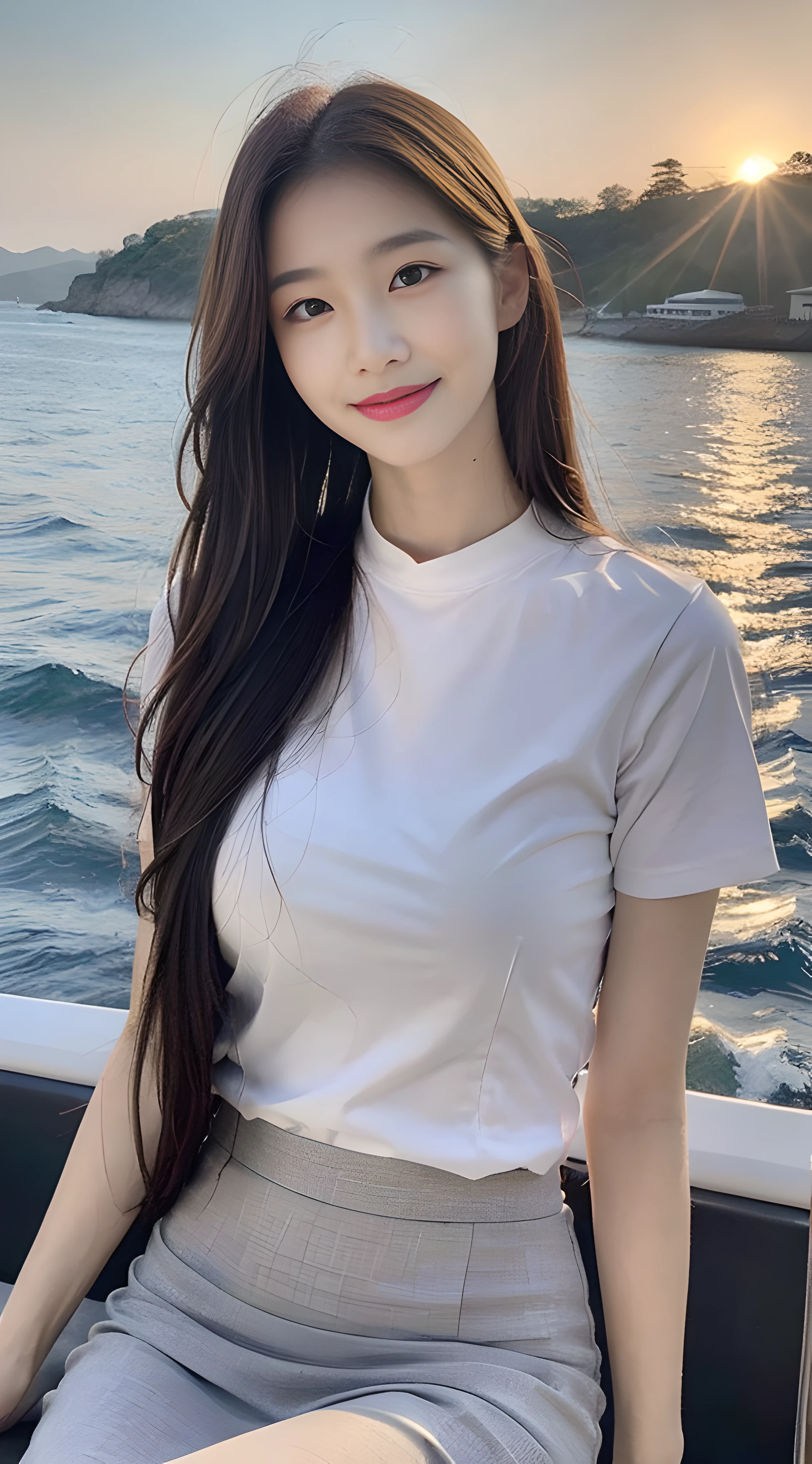 (1 Korean star with royal sister style), ((Best quality, 8K, 巨作: 1.3)), focal point: 1.2, Perfect body proportions: 1.4, (Make a smile), (Sunset: 1.3), Watery eyes, Highly Detailed Face and Skin Textur, Fine eyes, Double eyelids, Whitens the skin, (long whitr hair, Air bangs: 1.3), (Round face inches: 1.5), (Hip skirt 1.4), (Sketch 1:2,) (On a yacht at sea,The whole picture of the yacht,Half-sitting,baiyun,suns,The scenery is exceptionally beautiful),Third Person View。