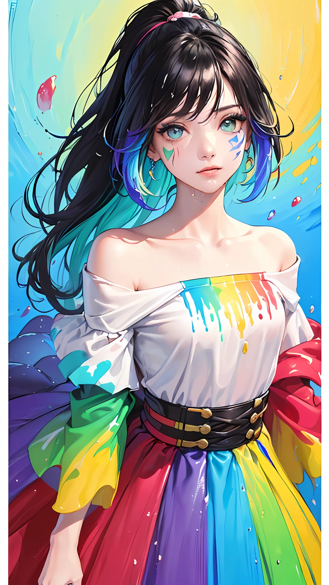 (Pink fashion T-shirt:1.9),(Colorful hair: 1.8), (all colors of the rainbow: 1.8),(((((Vertical painting:1.6))), (Painting:1.6),Front, Comics, Illustrations, picure, largeeyes, Crystal clear eyes,( rainbow color gradient high ponytail:1.7), Exquisite makeup, Closed mouth,(Small Fresh: 1.5),(Wipe Chest: 1.6) ,Long eyelashes, white off-the-shoulder T-shirt, White Shoulder Shirt,Looking at the audience, watery big eyes, (rainbow colour hair:1.6), colored splashing, (Solo:1.8), colored splashing, Color explosion, Thick Paint Style, Messy lines, ((Shining)),(Colorful), (Colorful), (Colorful), Colorful, Thick Paint Style, (Splash) (colored splashing), Vertical painting, Upper body, paint splatter, Acrylic Pigment, Gradient, Paint, Highest image quality, Highest quality, Masterpiece, Solo, Depth of field, facepaint, Colorful clothes, (elegant: 1.2), Gorgeous,Long hair, Wind, (elegant: 1.3), (petals: 1.4),(((Masterpiece))),(((Best quality))),((Ultra-detailed)),(illustration),(Dynamic Angle),((Floating)),(Paint),((Disheveled hair)),(Solo),(1girll) , (((Detailed anima face))),((Beautiful detailed face)),Collar,Bare shoulders,White hair, ((Colorful hair)),((Striped hair)),Beautiful detailed eyes,(Gradient color eyes),(((Colorful eyes))),(((Colorful background))),(((High saturation))),(((Surrounded by colorful splashes))),(Pink fashion T-shirt:1.9),(Colorful hair: 1.8), (all colors of the rainbow: 1.8),(((((Vertical painting:1.6))), (Painting:1.6),Front, Comics, Illustrations, picure, largeeyes, Crystal clear eyes,( rainbow color gradient high ponytail:1.7), Exquisite makeup, Closed mouth,(Small Fresh: 1.5),(Wipe Chest: 1.6) ,Long eyelashes, white off-the-shoulder T-shirt, White Shoulder Shirt,Looking at the audience, watery big eyes, (rainbow colour hair:1.6), colored splashing, (Solo:1.8), colored splashing, Color explosion, Thick Paint Style, Messy lines, ((Shining)),(Colorful), (Colorful), (Colorful), Colorful, Thick Paint Style, (Splash) (colored splashing), Vertical paint