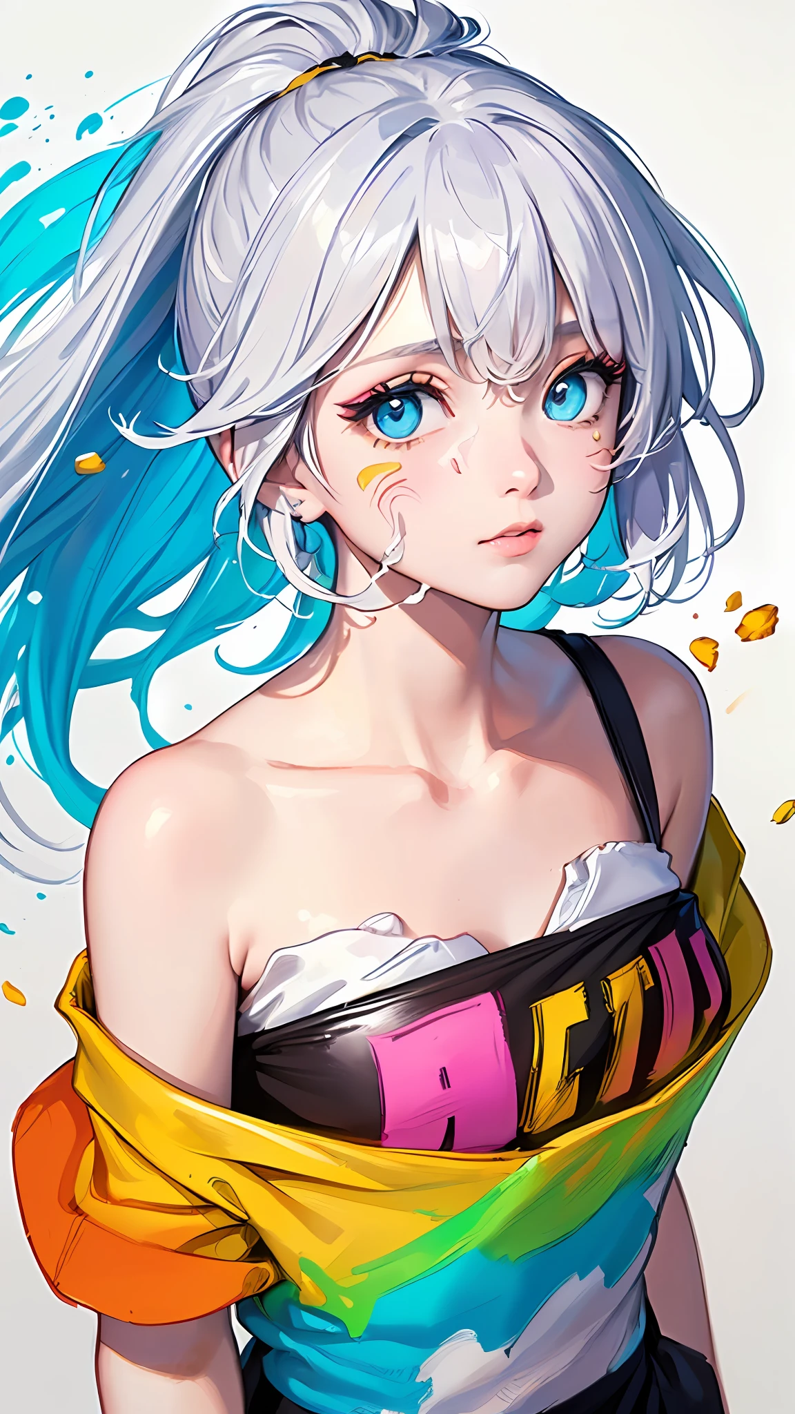 (Pink fashion T-shirt:1.9),(Colorful hair: 1.8), (all colors of the rainbow: 1.8),(((((Vertical painting:1.6))), (Painting:1.6),Front, Comics, Illustrations, picure, largeeyes, Crystal clear eyes,( rainbow color gradient high ponytail:1.7), Exquisite makeup, Closed mouth,(Small Fresh: 1.5),(Wipe Chest: 1.6) ,Long eyelashes, white off-the-shoulder T-shirt, White Shoulder Shirt,Looking at the audience, watery big eyes, (rainbow colour hair:1.6), colored splashing, (Solo:1.8), colored splashing, Color explosion, Thick Paint Style, Messy lines, ((Shining)),(Colorful), (Colorful), (Colorful), Colorful, Thick Paint Style, (Splash) (colored splashing), Vertical painting, Upper body, paint splatter, Acrylic Pigment, Gradient, Paint, Highest image quality, Highest quality, Masterpiece, Solo, Depth of field, facepaint, Colorful clothes, (elegant: 1.2), Gorgeous,Long hair, Wind, (elegant: 1.3), (petals: 1.4),(((Masterpiece))),(((Best quality))),((Ultra-detailed)),(illustration),(Dynamic Angle),((Floating)),(Paint),((Disheveled hair)),(Solo),(1girll) , (((Detailed anima face))),((Beautiful detailed face)),Collar,Bare shoulders,White hair, ((Colorful hair)),((Striped hair)),Beautiful detailed eyes,(Gradient color eyes),(((Colorful eyes))),(((Colorful background))),(((High saturation))),(((Surrounded by colorful splashes))),(Pink fashion T-shirt:1.9),(Colorful hair: 1.8), (all colors of the rainbow: 1.8),(((((Vertical painting:1.6))), (Painting:1.6),Front, Comics, Illustrations, picure, largeeyes, Crystal clear eyes,( rainbow color gradient high ponytail:1.7), Exquisite makeup, Closed mouth,(Small Fresh: 1.5),(Wipe Chest: 1.6) ,Long eyelashes, white off-the-shoulder T-shirt, White Shoulder Shirt,Looking at the audience, watery big eyes, (rainbow colour hair:1.6), colored splashing, (Solo:1.8), colored splashing, Color explosion, Thick Paint Style, Messy lines, ((Shining)),(Colorful), (Colorful), (Colorful), Colorful, Thick Paint Style, (Splash) (colored splashing), Vertical paint