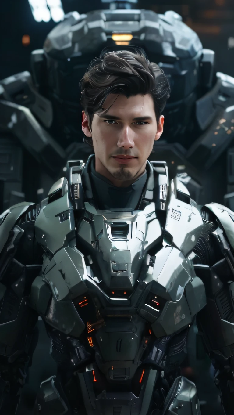 Close-up of a man in a suit,The background is a robot, Adam Driver as Master Chief, mjolnir armor from halo infinite, clothed in sci-fi military armor, star citizen halo, in a scifi movie, profile picture 1024px, Halo is infinite!!, akihiko yoshida. illusory engine, wojtek fus